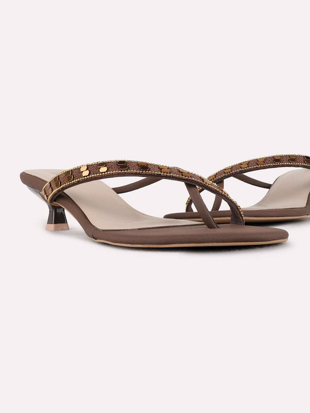Womens Brown Party Wear Embellished Round Toe Kitten Heels