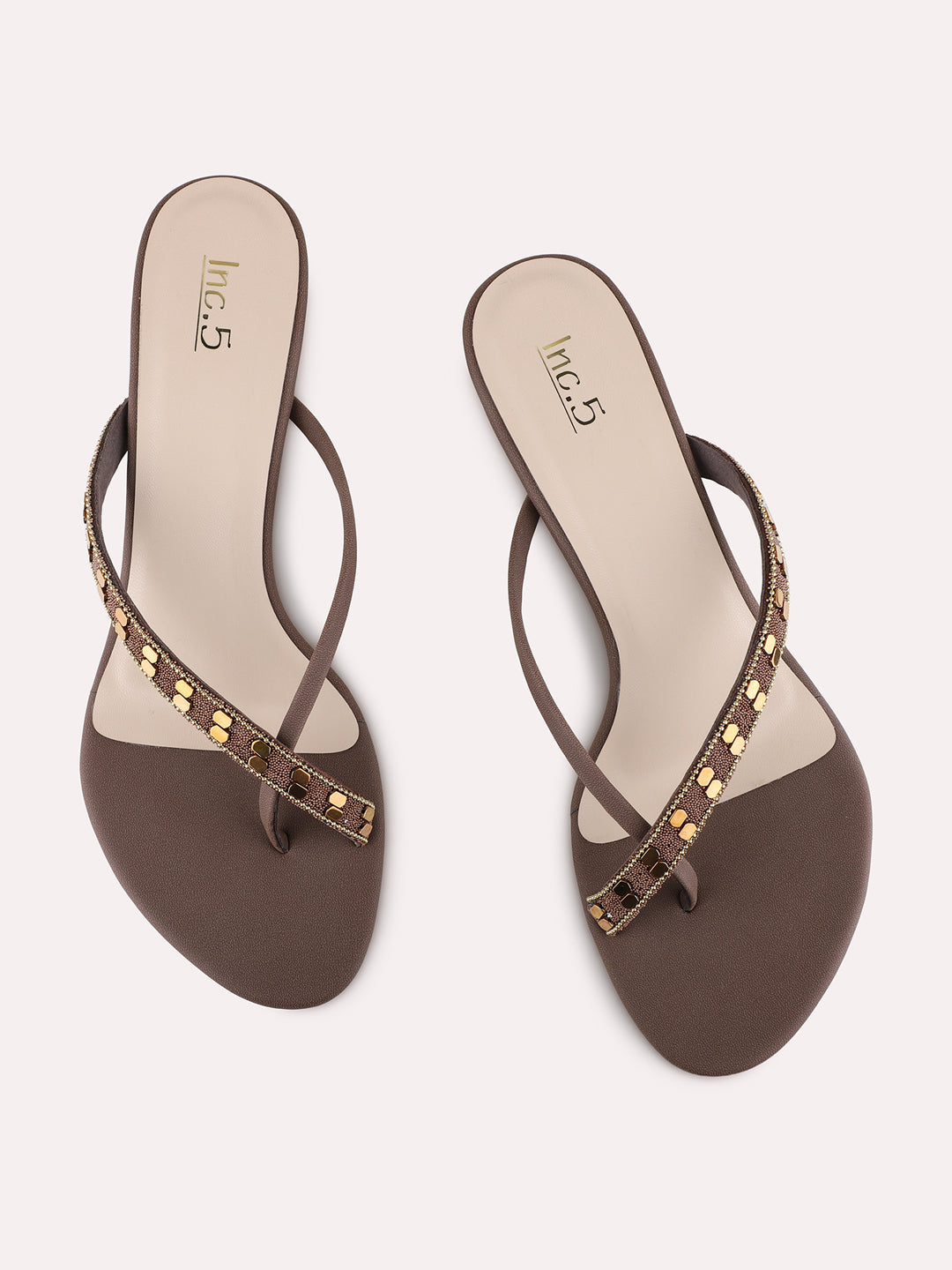 Womens Brown Party Wear Embellished Round Toe Kitten Heels