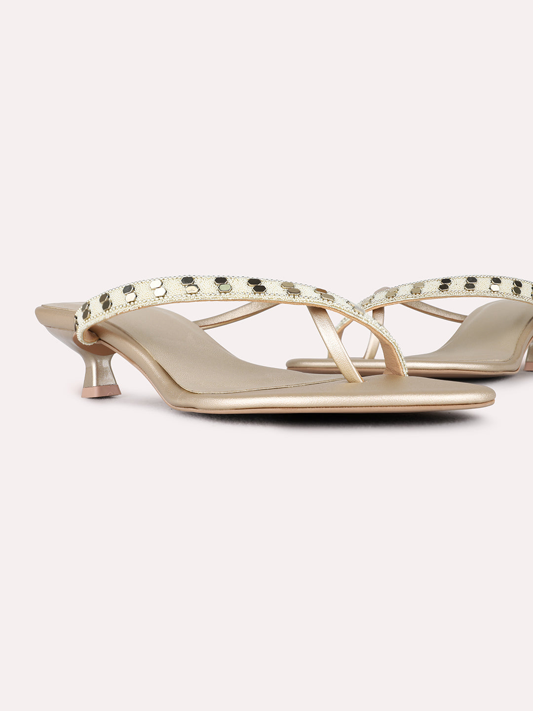 Womens Golden Ethnic Striped Round Toe Kitten Heels