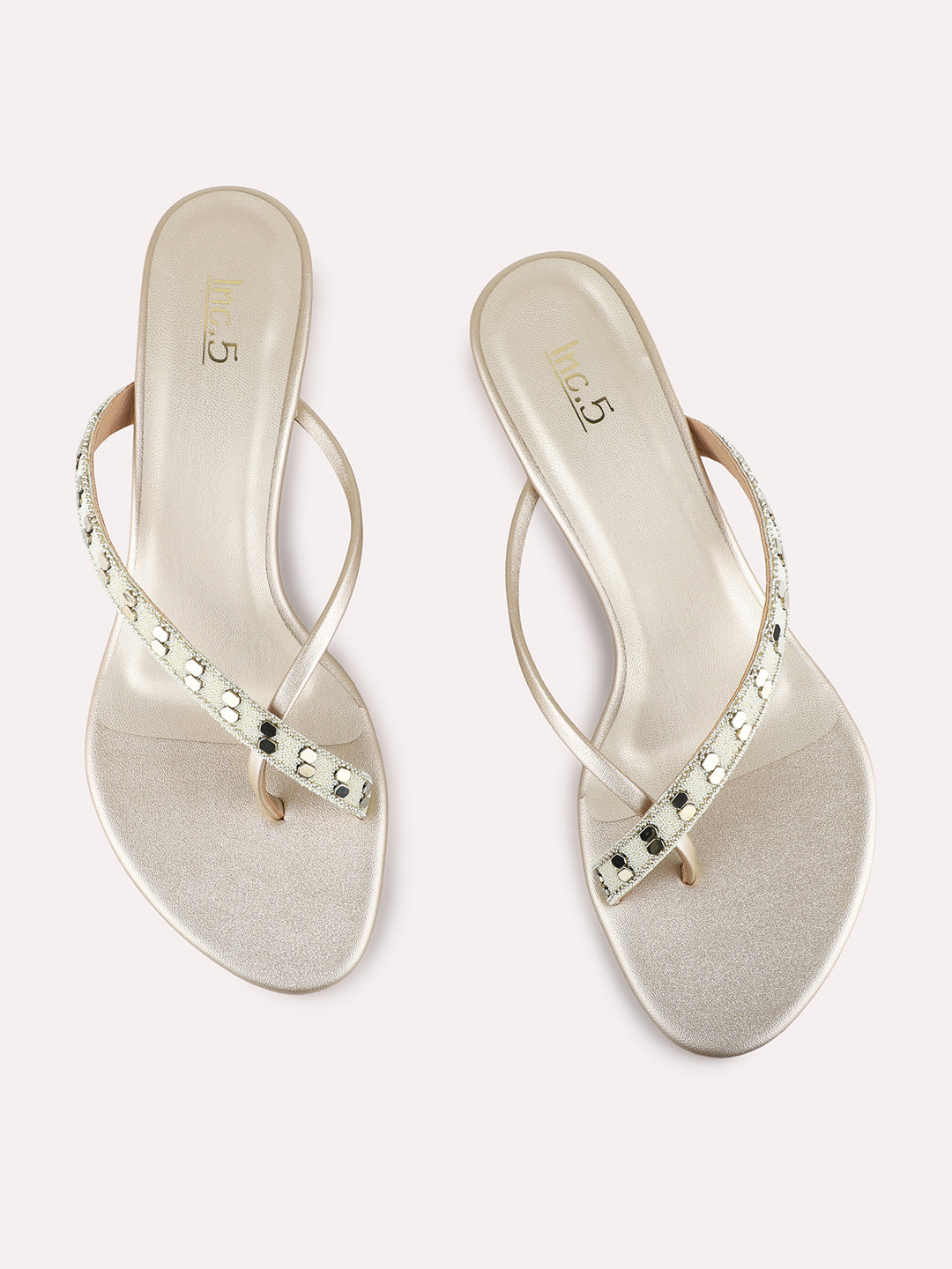 Womens Golden Ethnic Striped Round Toe Kitten Heels
