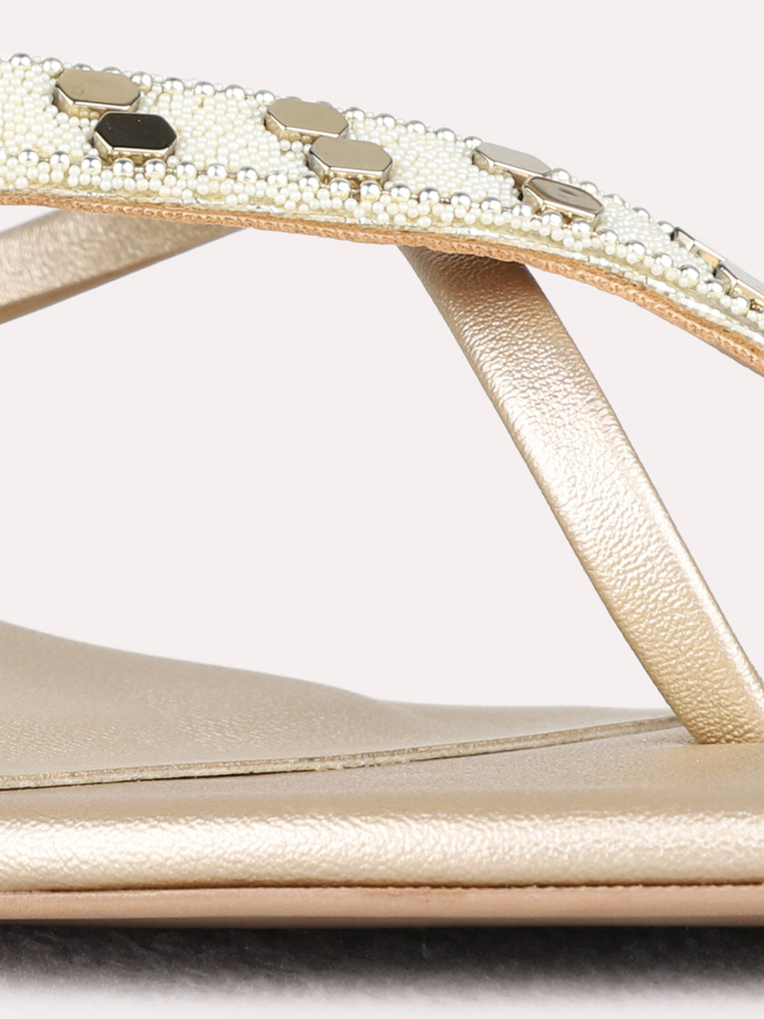 Womens Golden Ethnic Striped Round Toe Kitten Heels