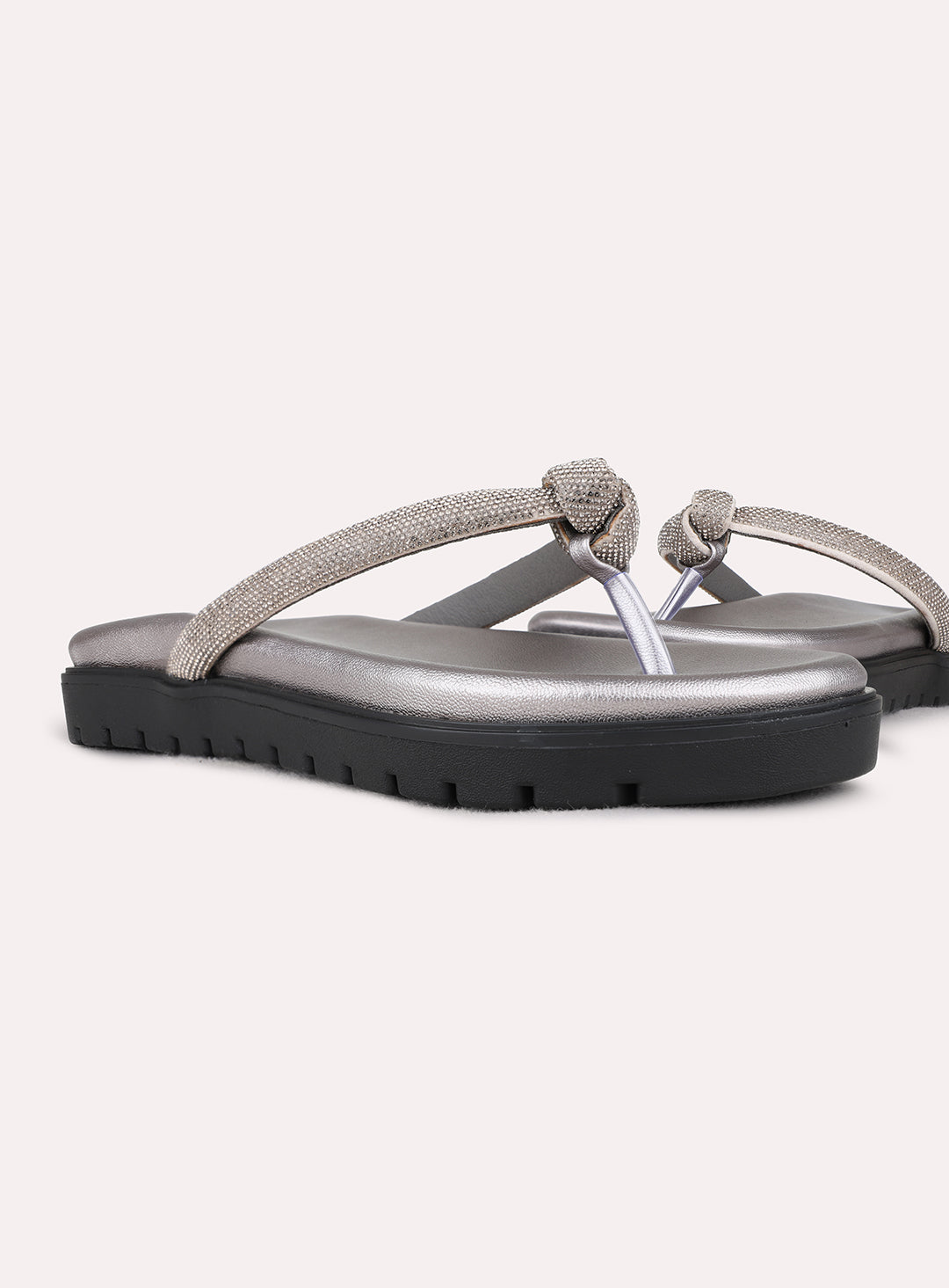 Womens Pewter Ethnic Embellished T-Strap Flat Slip-On Sandals