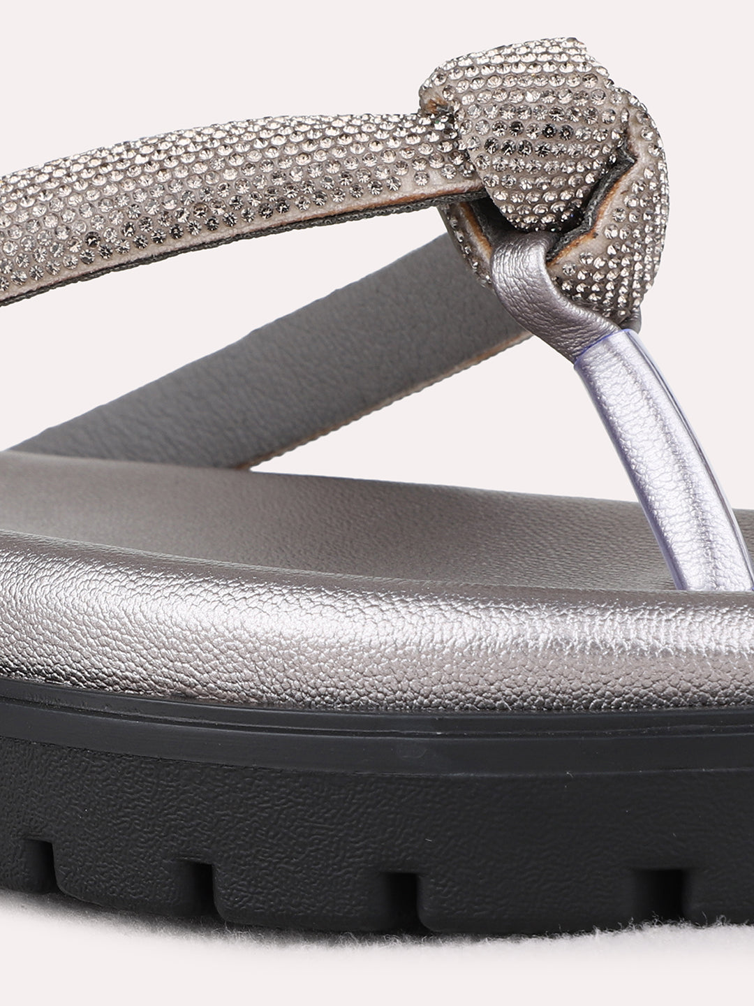 Womens Pewter Ethnic Embellished T-Strap Flat Slip-On Sandals