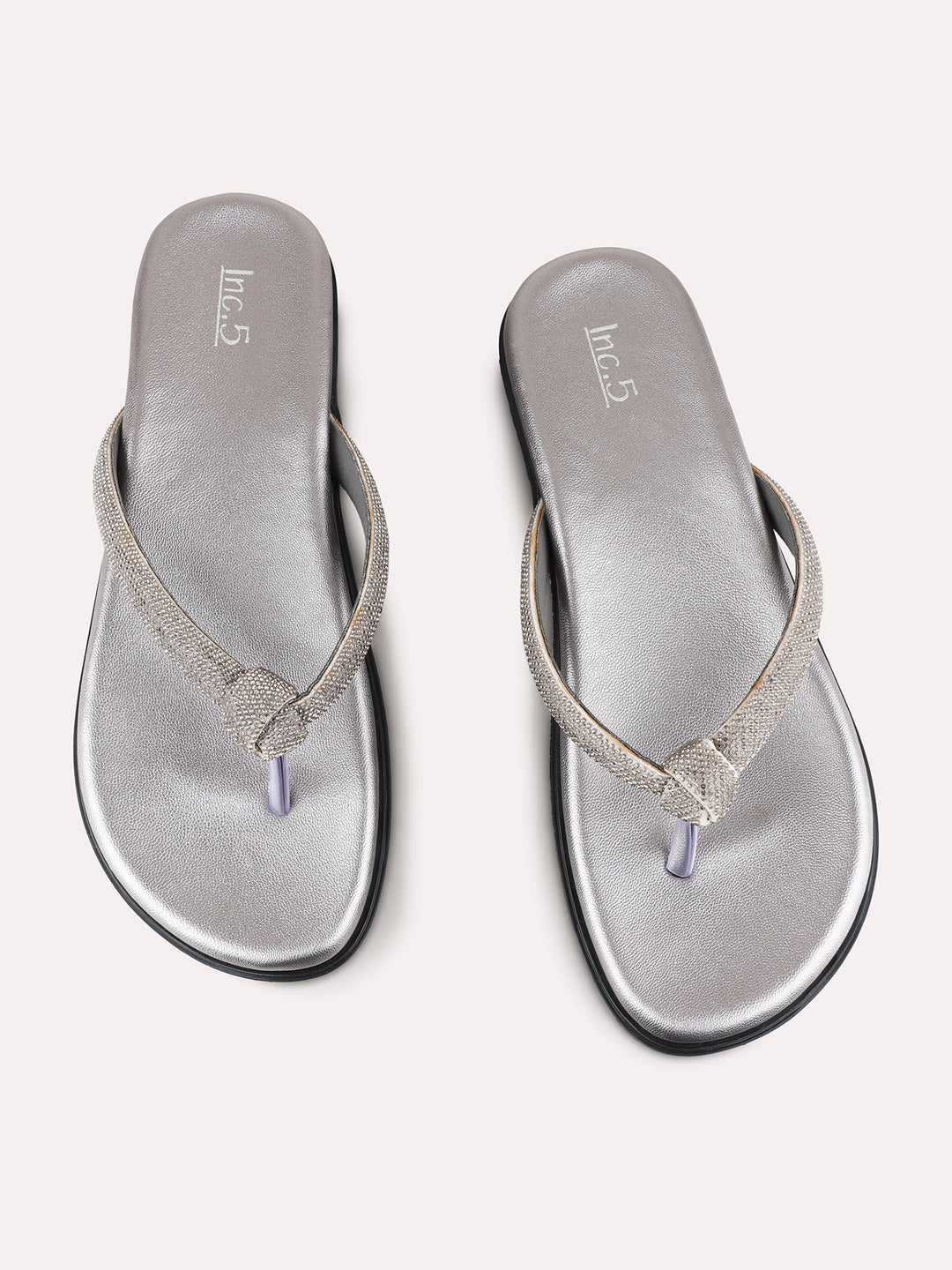 Womens Pewter Ethnic Embellished T-Strap Flat Slip-On Sandals