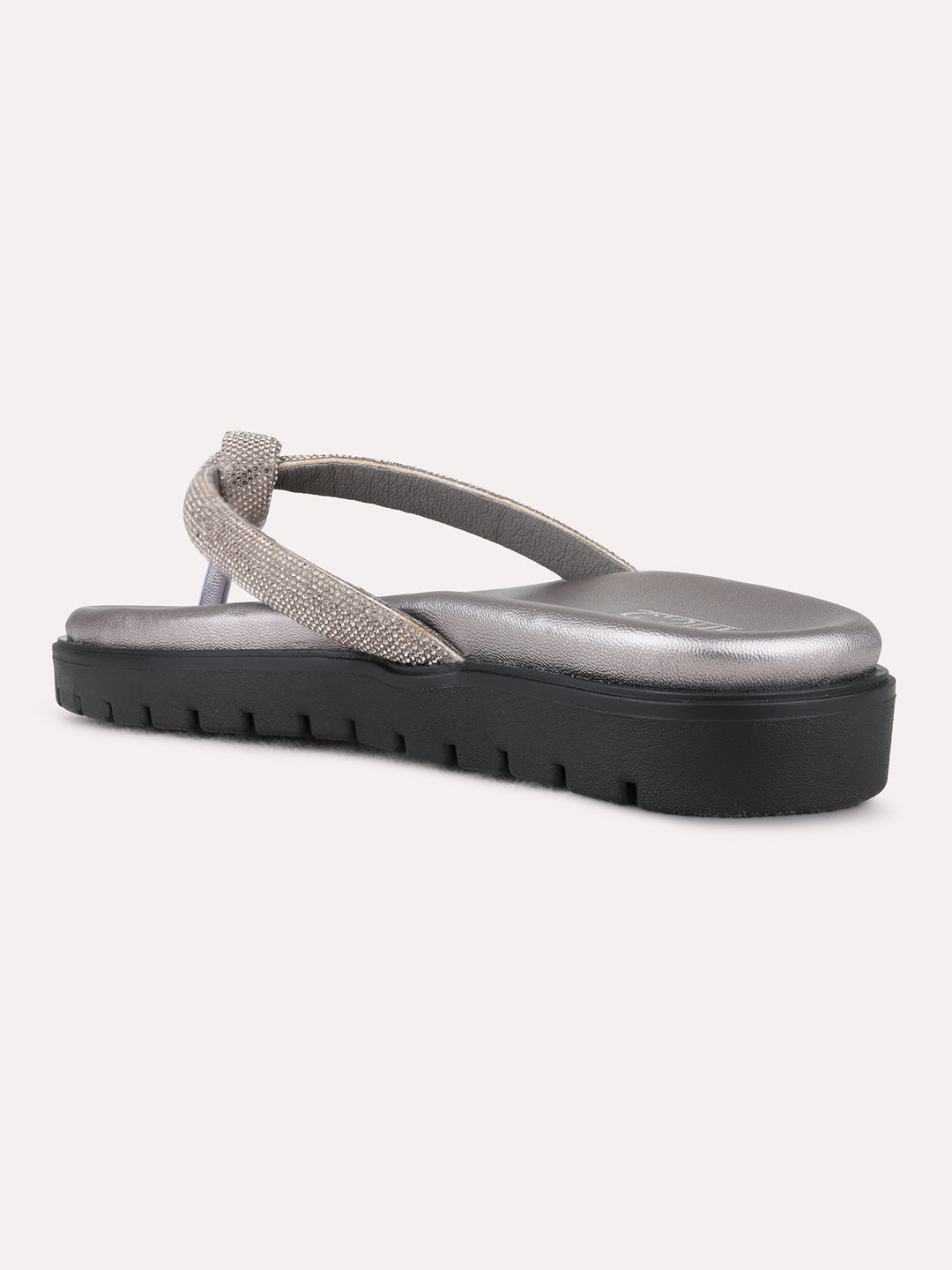 Womens Pewter Ethnic Embellished T-Strap Flat Slip-On Sandals