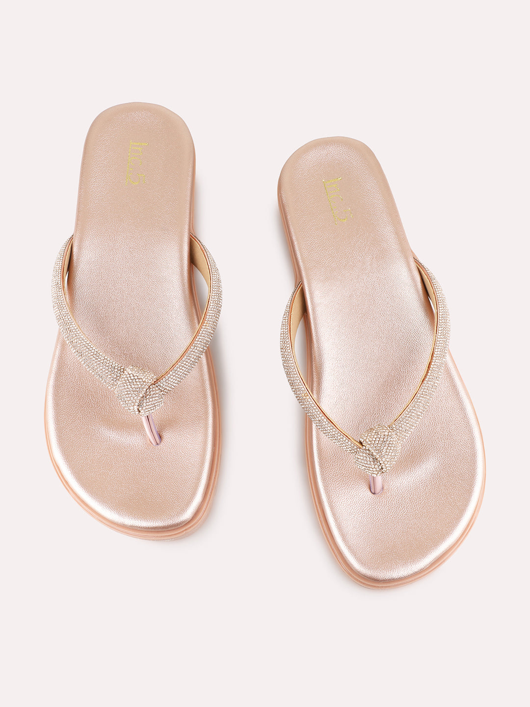 Womens Rose Gold Ethnic Embellished T-Strap Flat Slip-On Sandals