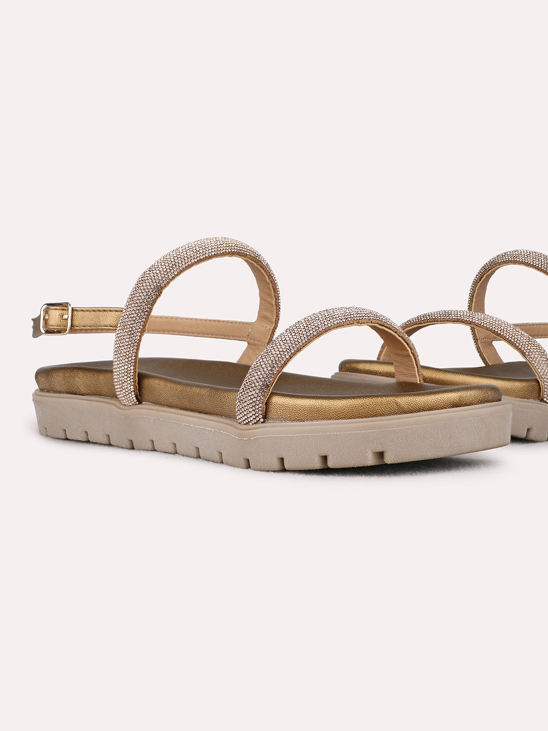 Womens Golden Ethnic Embellished Open Toe Flats