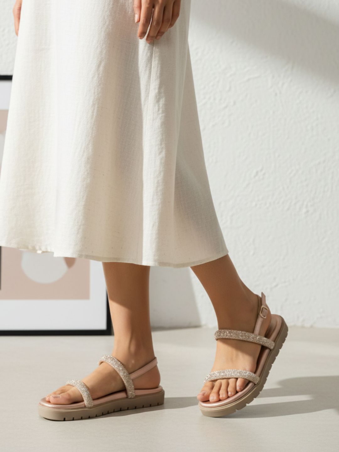 Womens Rose Gold Ethnic Embellished Open Toe Flats