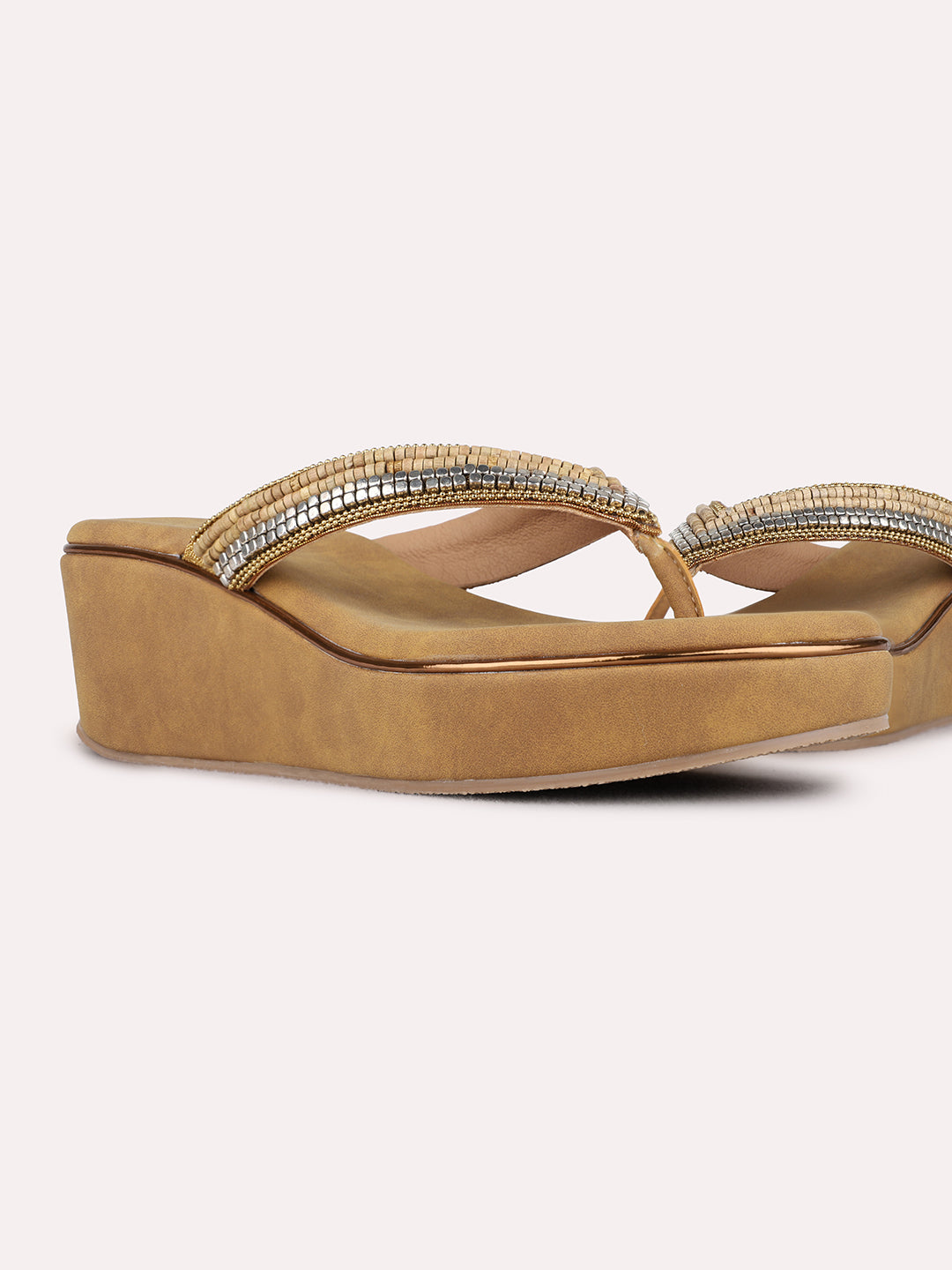 Womens Golden Ethnic Embellished Pattern Round Toe Wedges