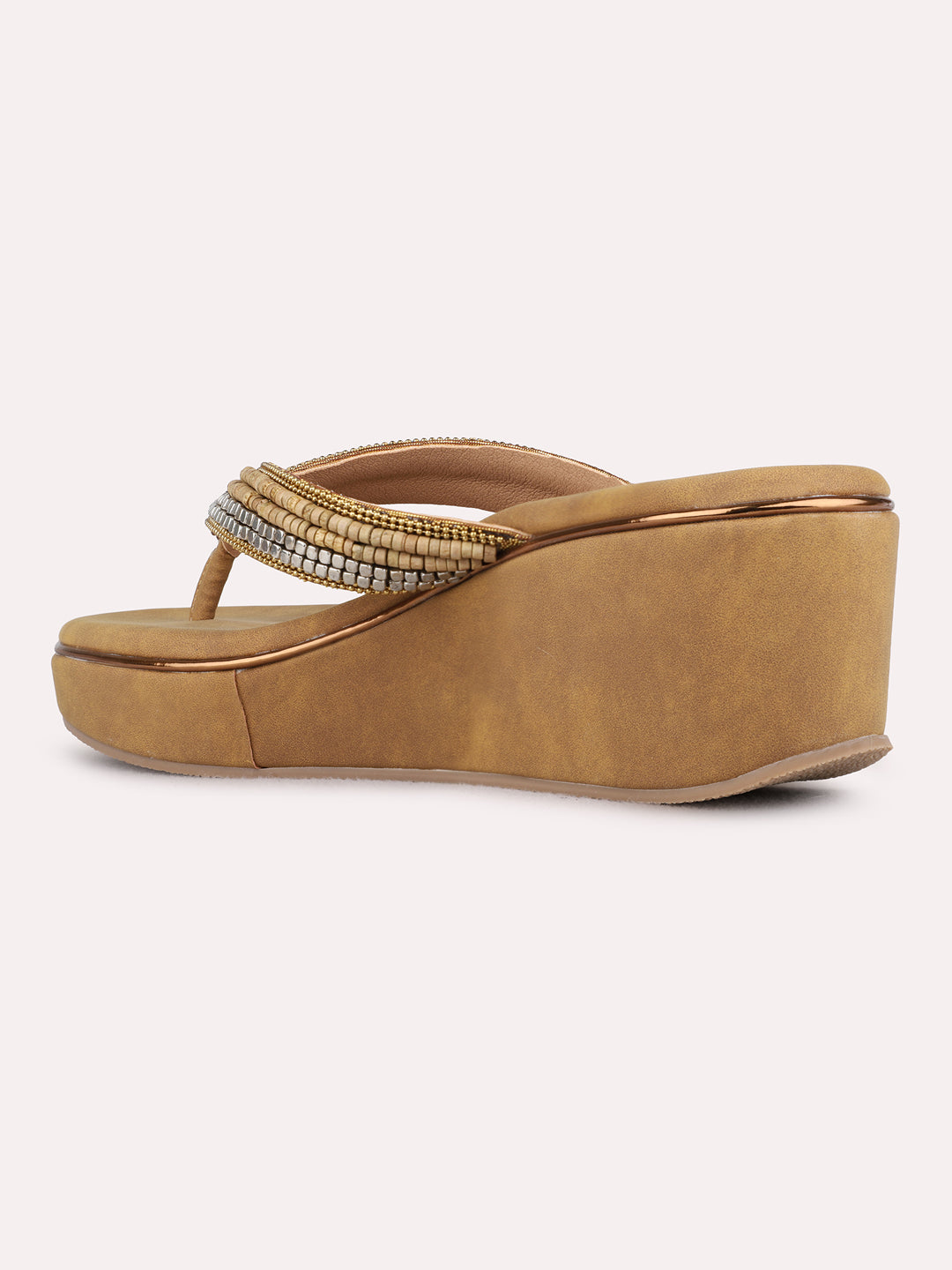 Womens Golden Ethnic Embellished Pattern Round Toe Wedges