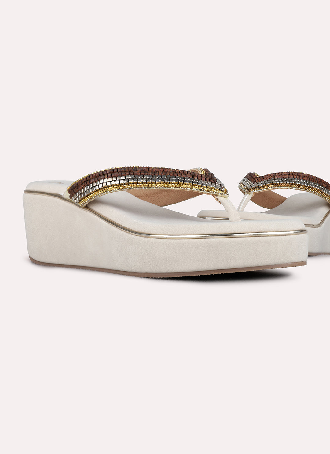 Womens Golden Ethnic Embellished Round Toe Shape Wedge Heels