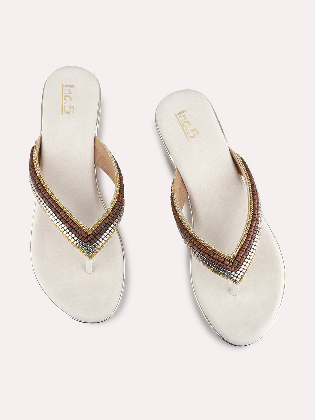 Womens Golden Ethnic Embellished Round Toe Shape Wedge Heels