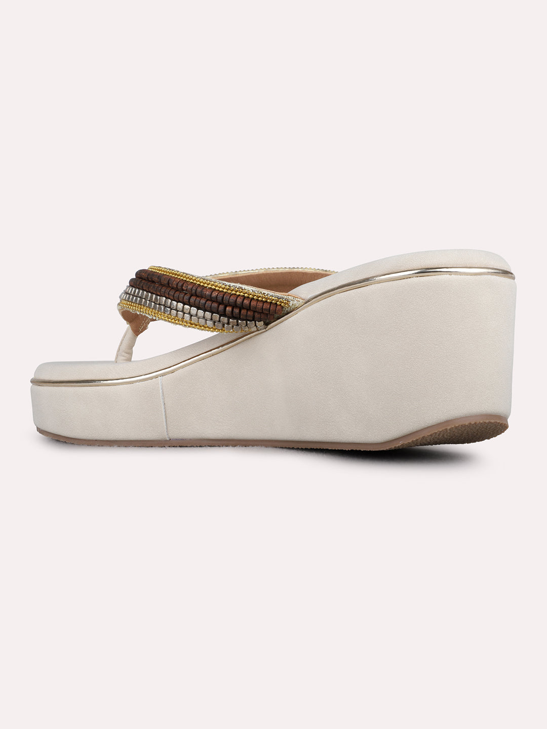 Womens Golden Ethnic Embellished Round Toe Shape Wedge Heels