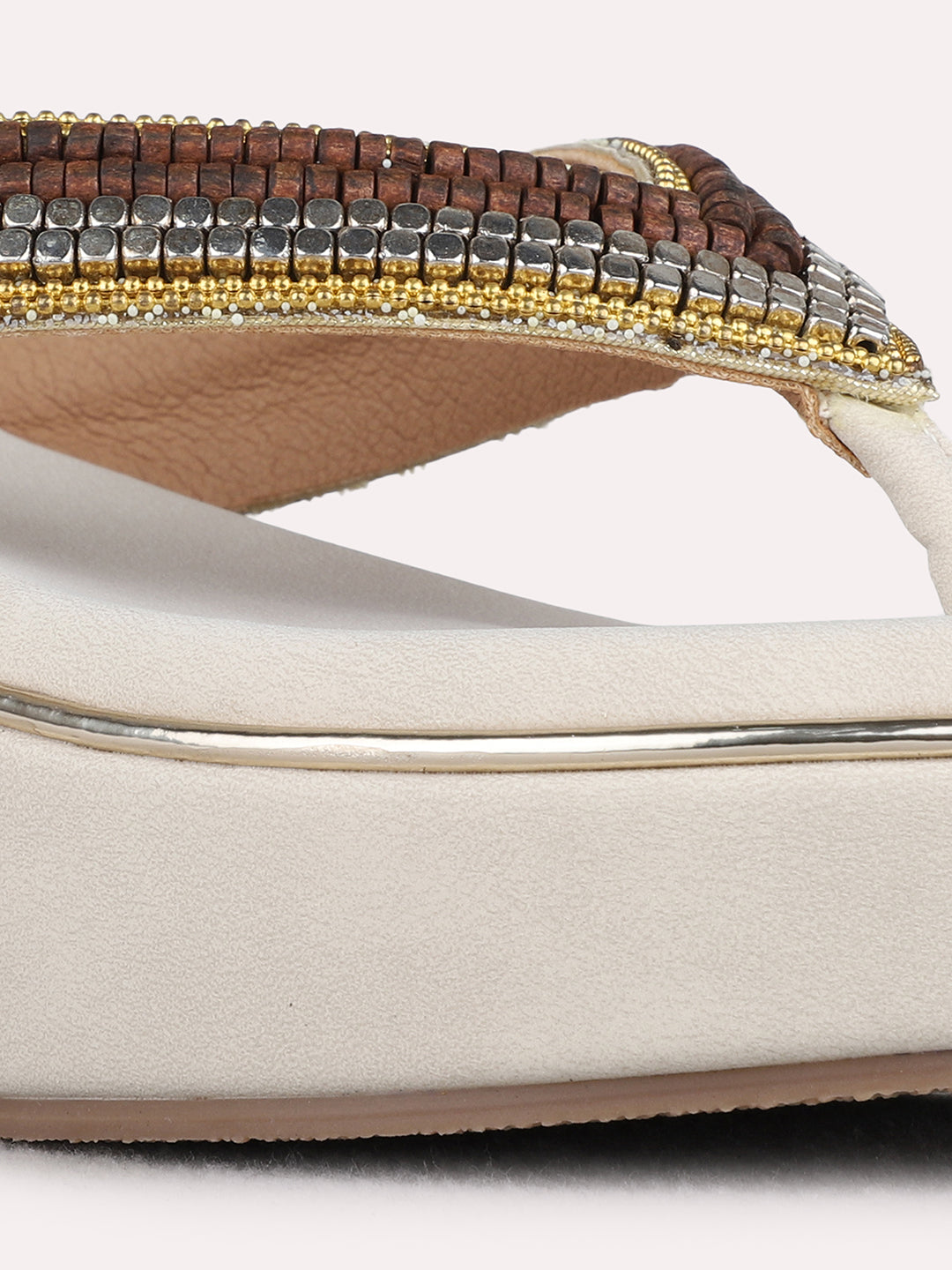 Womens Golden Ethnic Embellished Round Toe Shape Wedge Heels