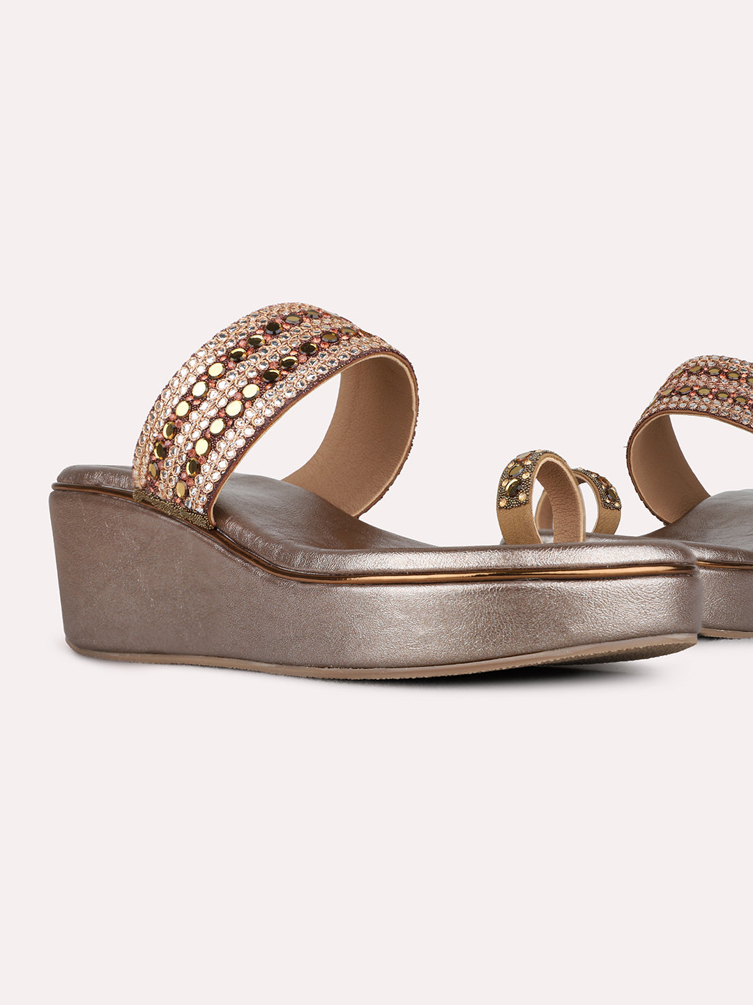 Womens Golden Ethnic Embellished Round Toe Wedges