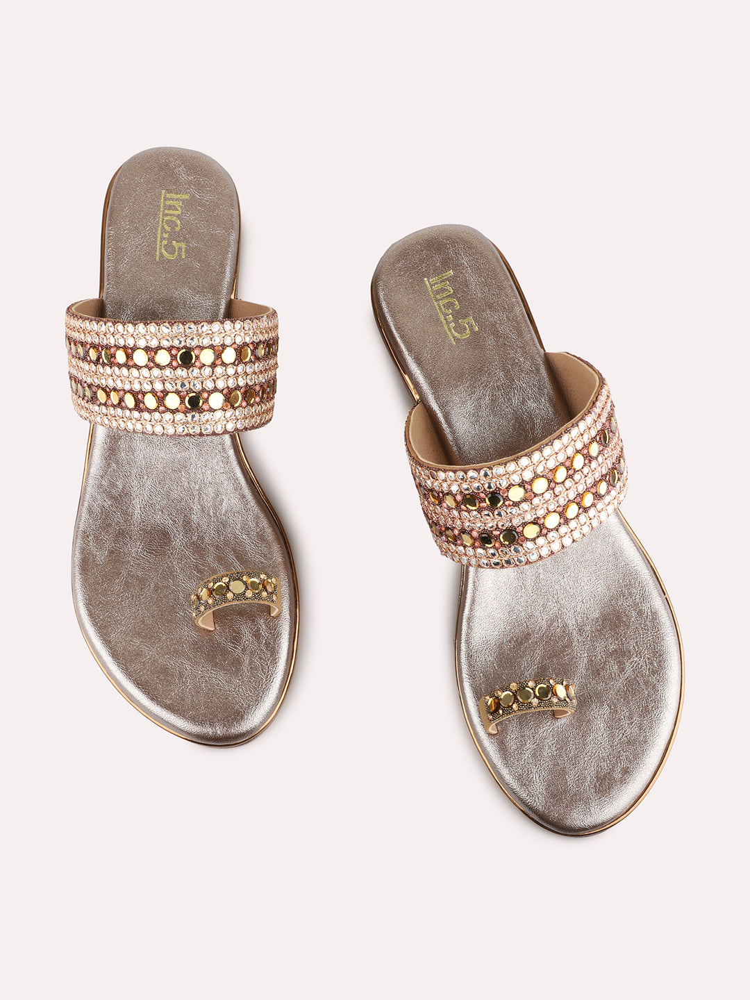 Womens Golden Ethnic Embellished Round Toe Wedges