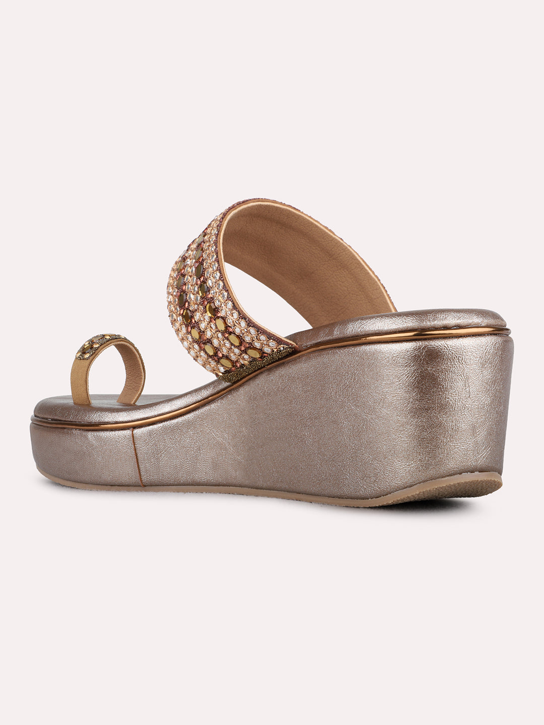 Womens Golden Ethnic Embellished Round Toe Wedges