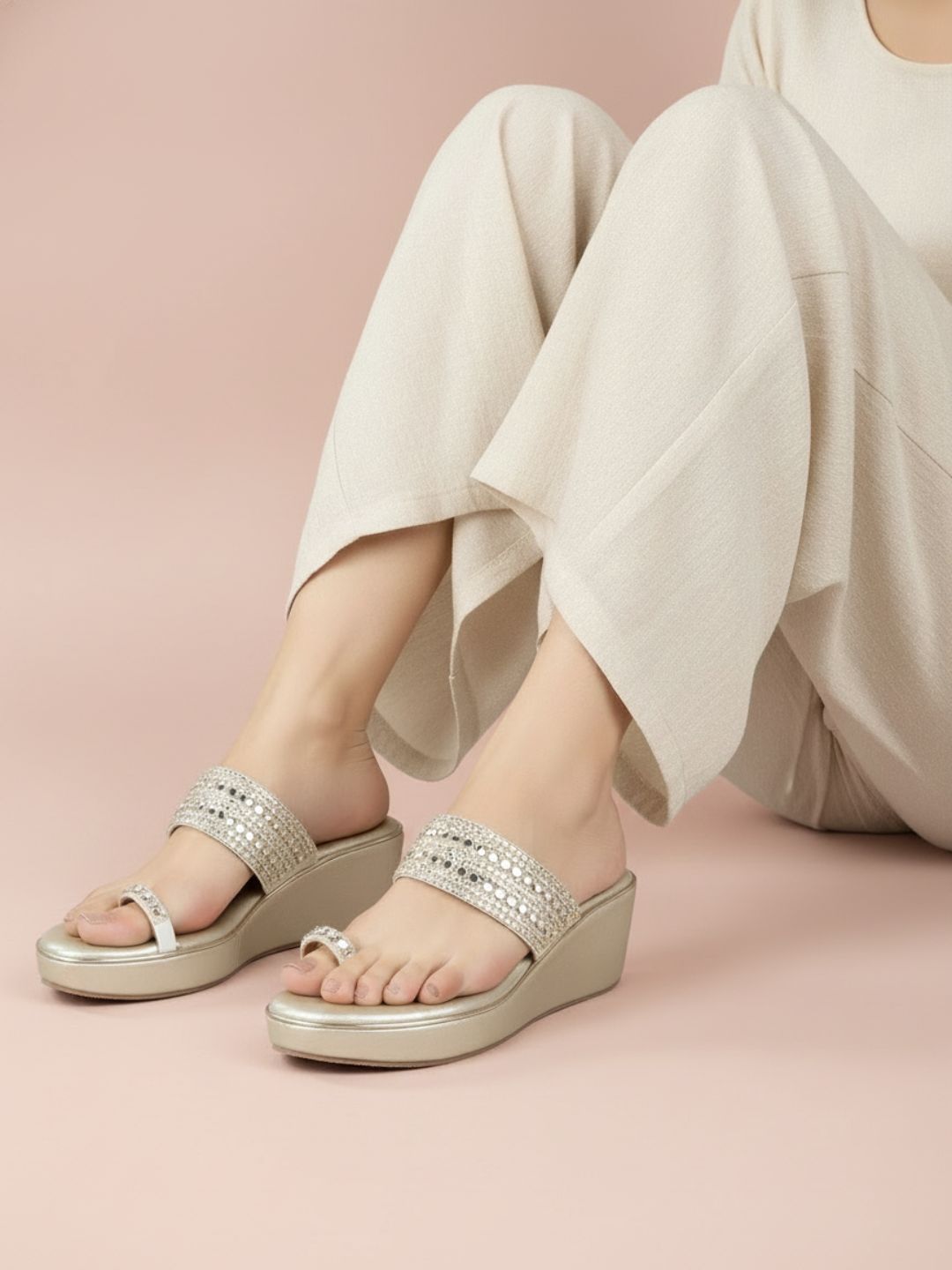 Womens Golden Ethnic Embellished Round Toe shape Wedges