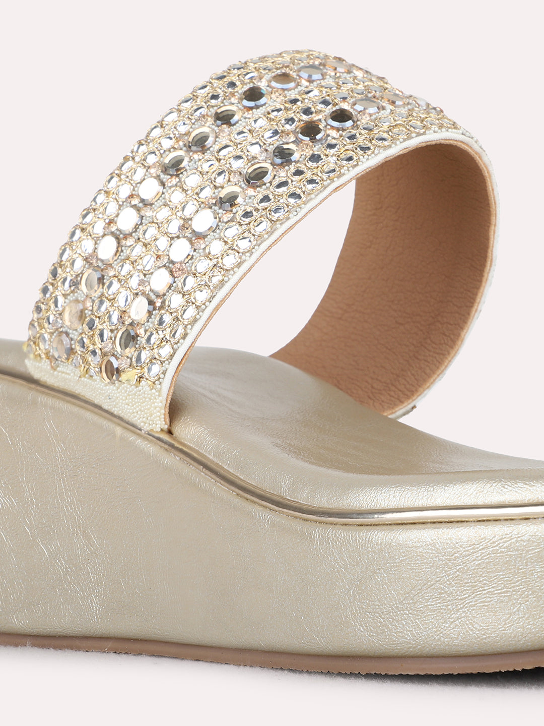 Womens Golden Ethnic Embellished Round Toe shape Wedges