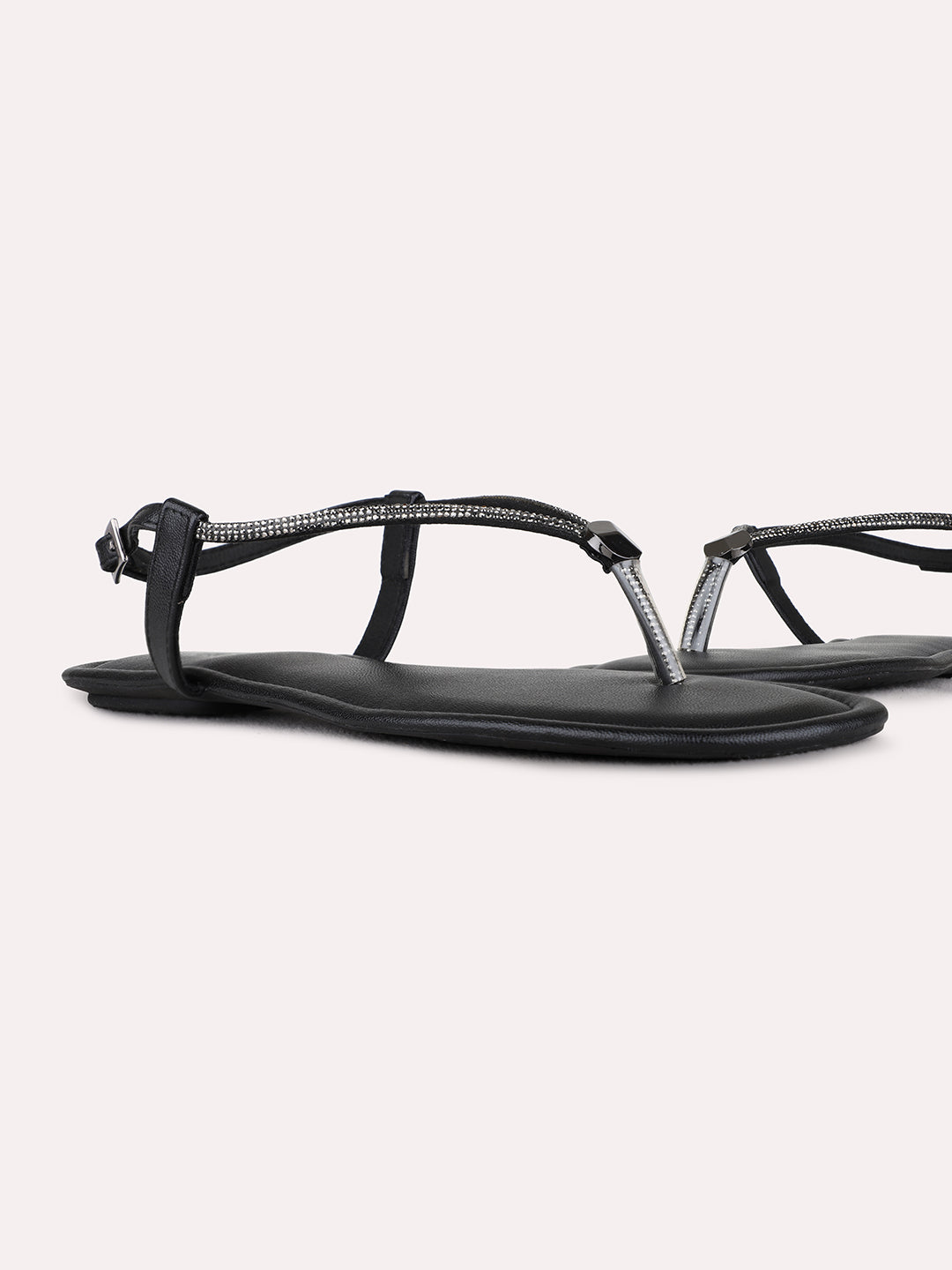 Womens Black Casual Solid T-Strap Flat Sandals