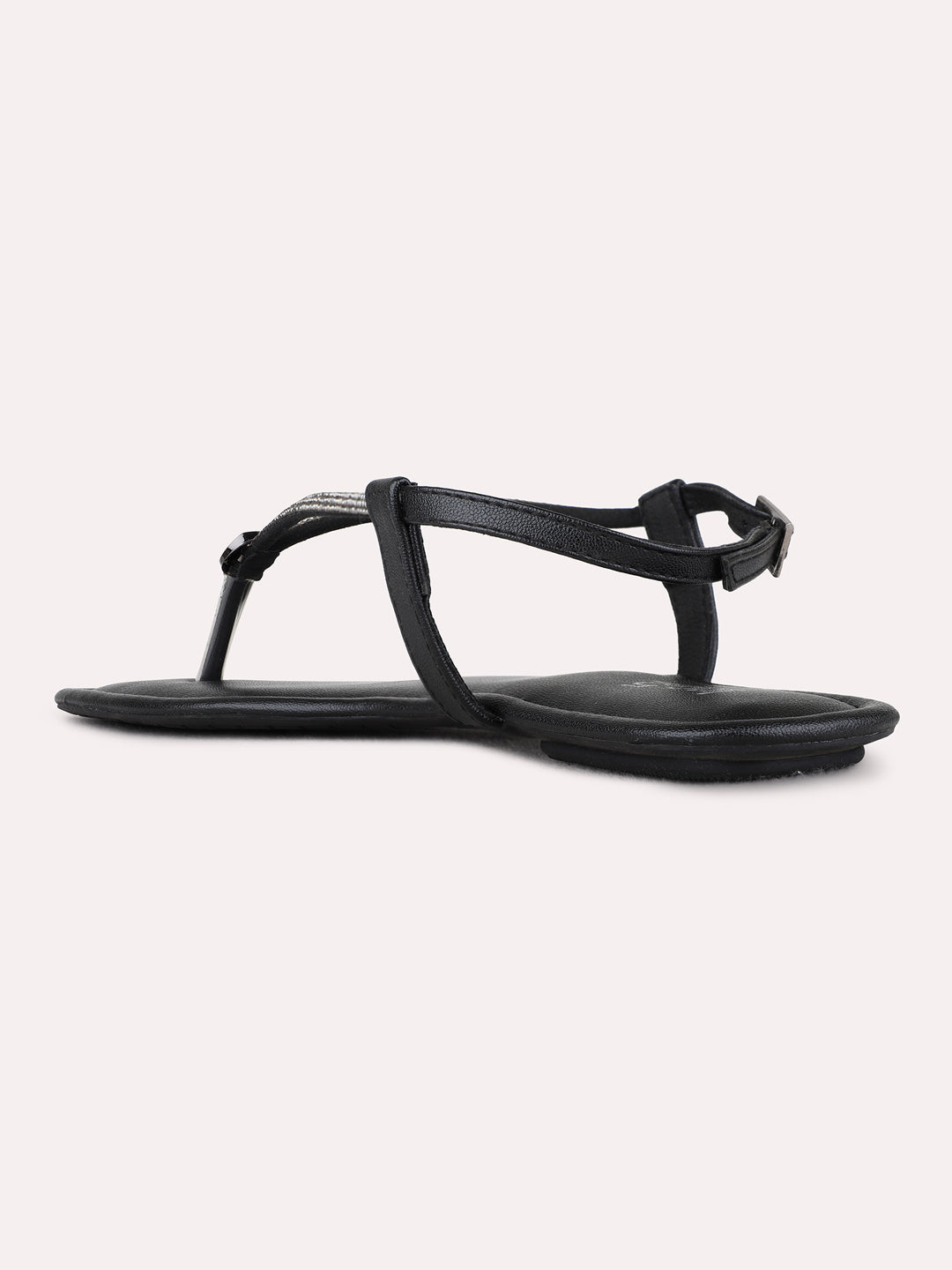 Womens Black Casual Solid T-Strap Flat Sandals