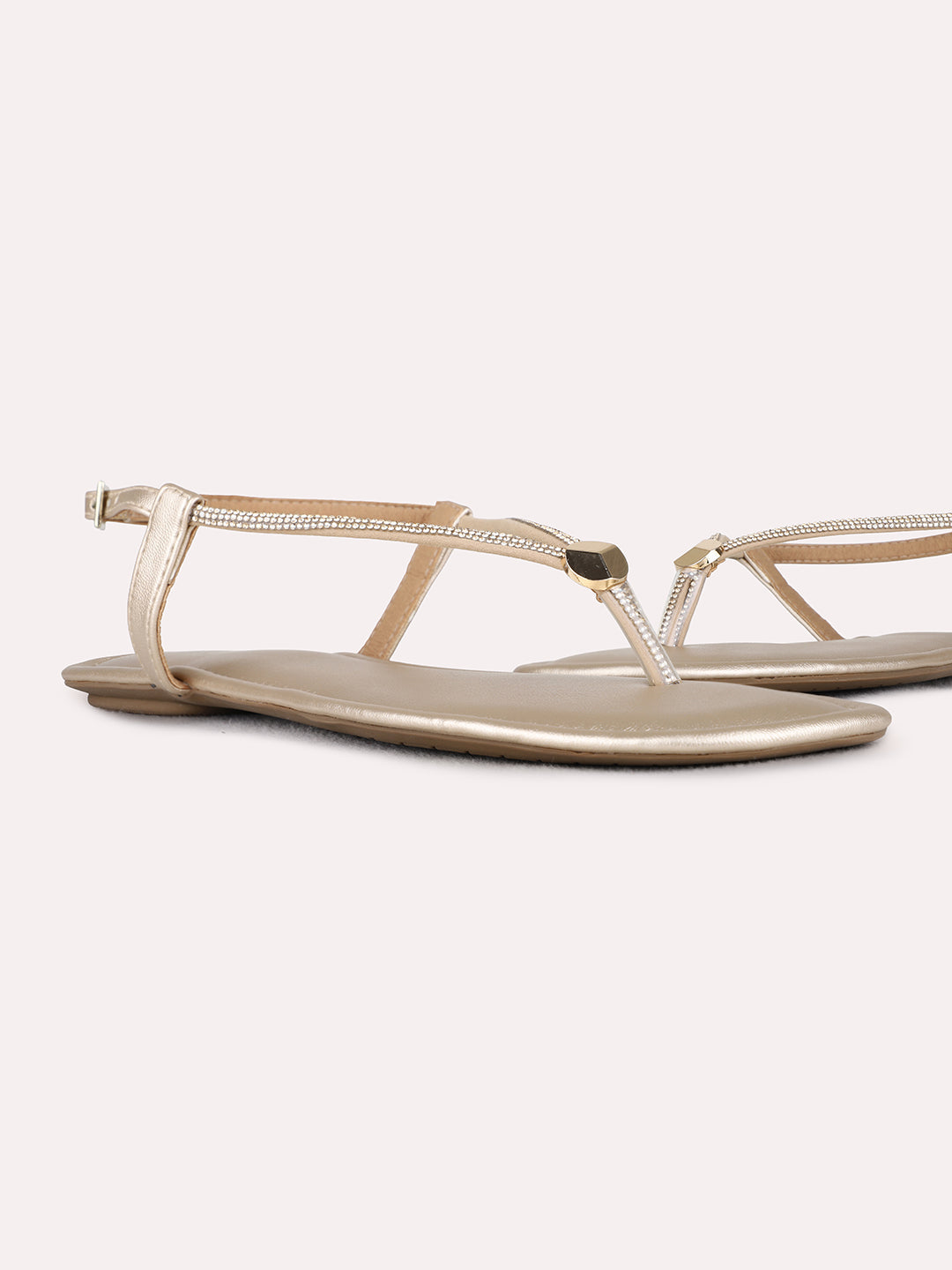 Womens Golden Casual Solid T-Strap Flats