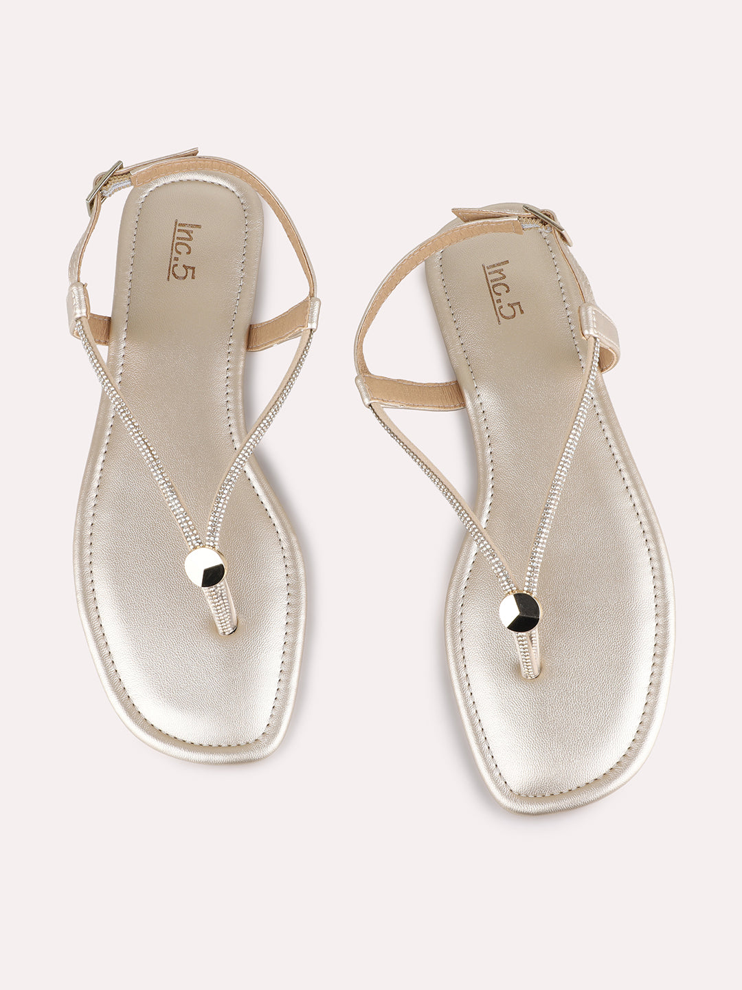 Womens Golden Casual Solid T-Strap Flats