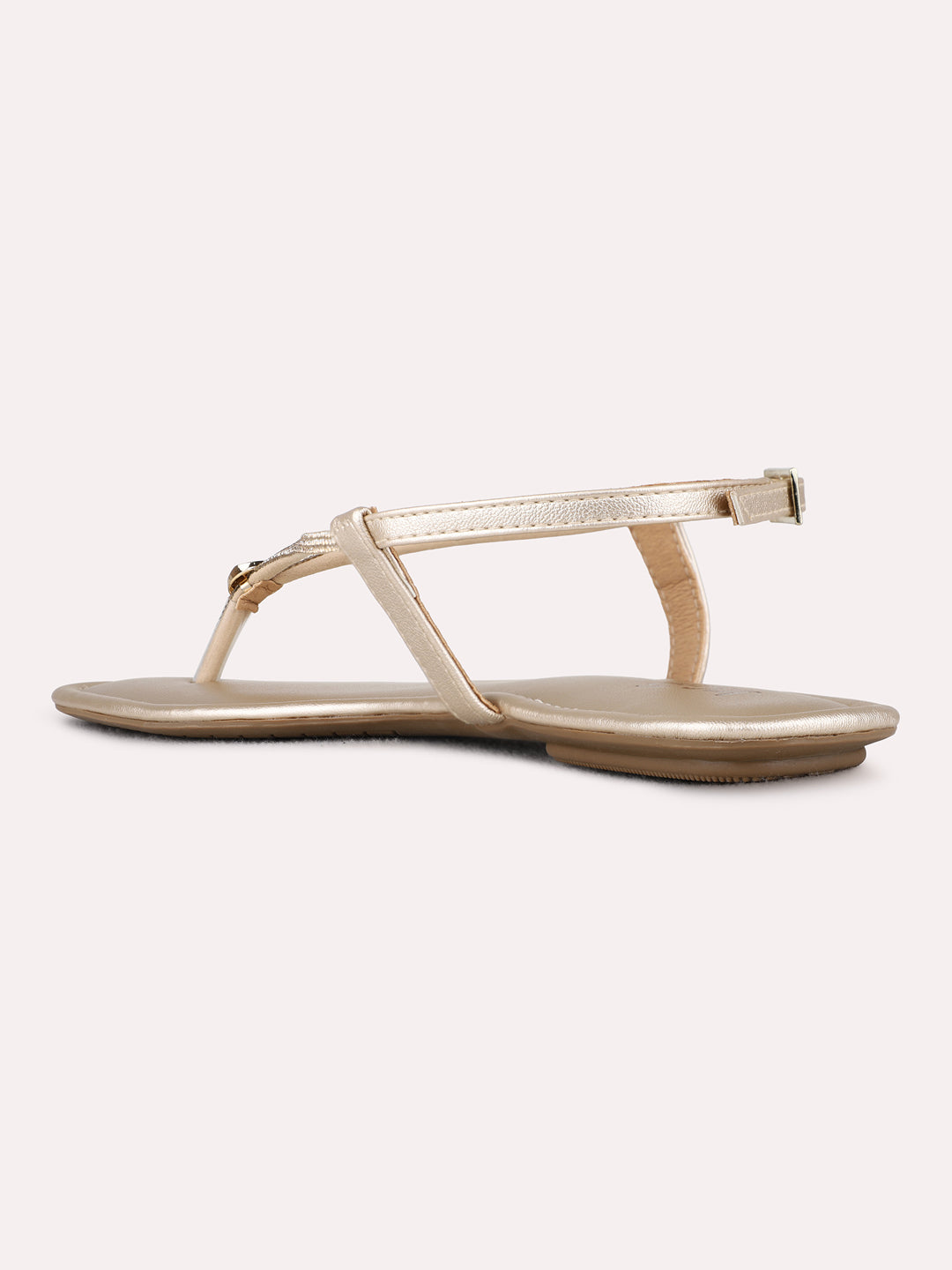 Womens Golden Casual Solid T-Strap Flats