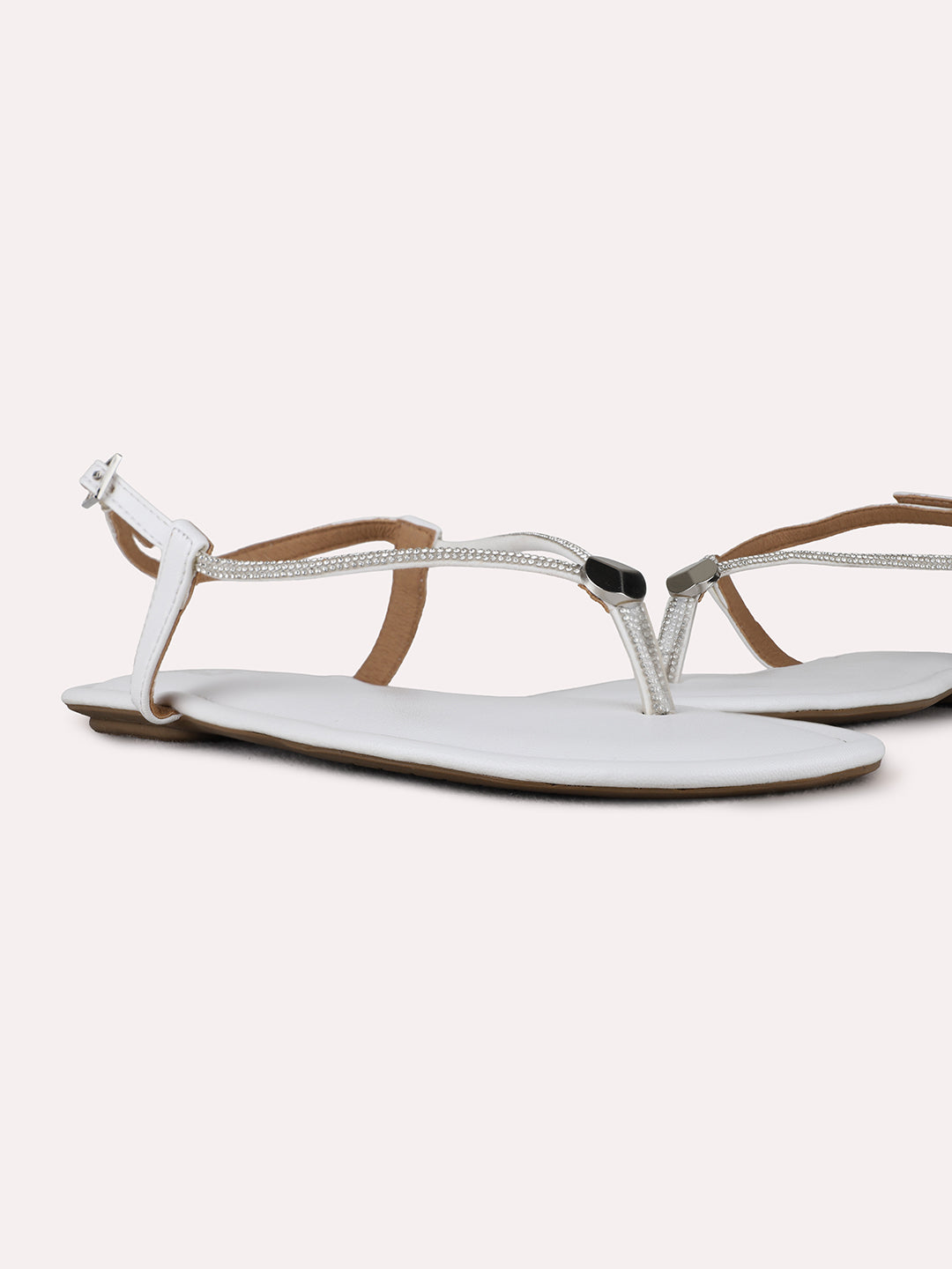 Womens White Casual Solid T-Strap Flats