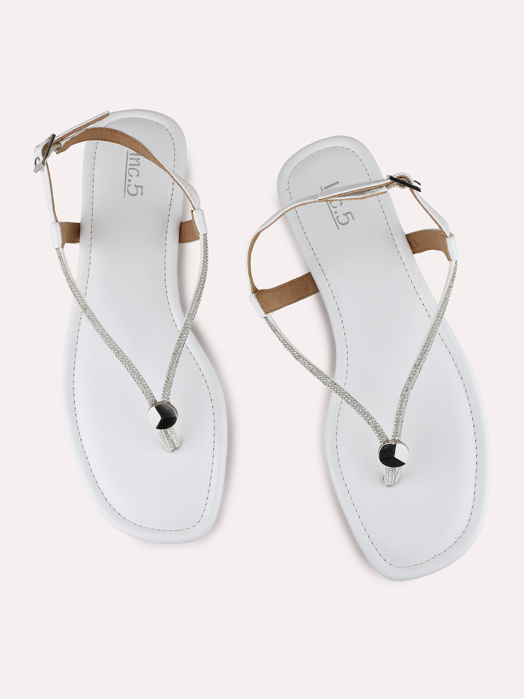 Womens White Casual Solid T-Strap Flats