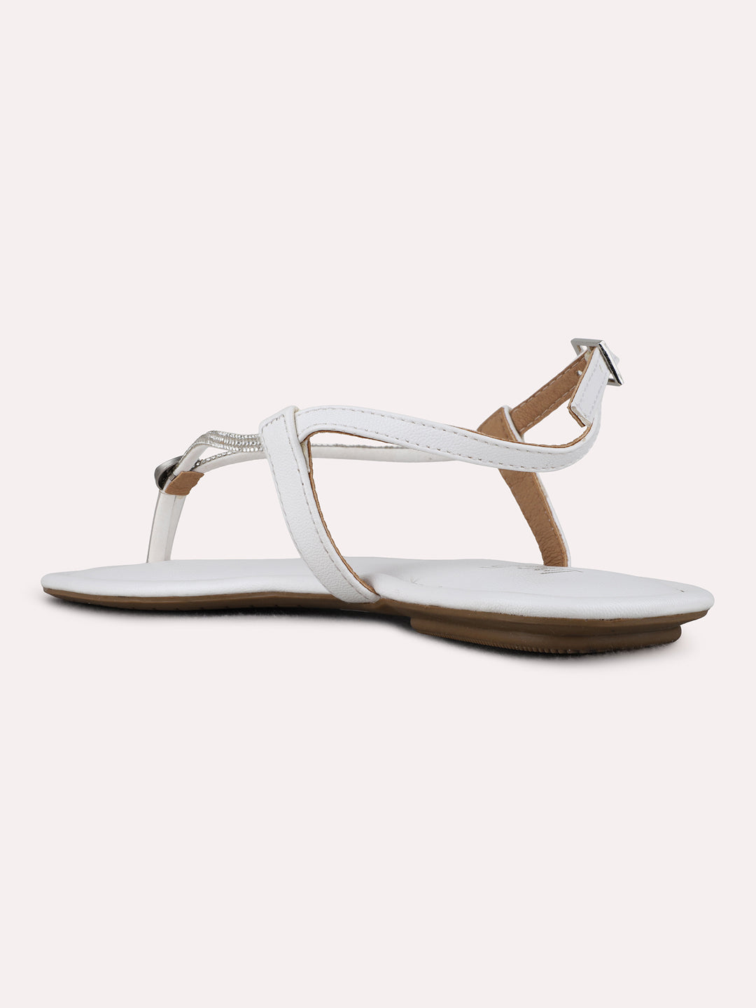 Womens White Casual Solid T-Strap Flats
