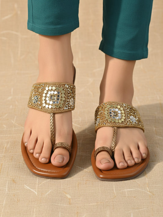 Womens Golden Embellished Ethnic One Toe Flat Slip-Ons