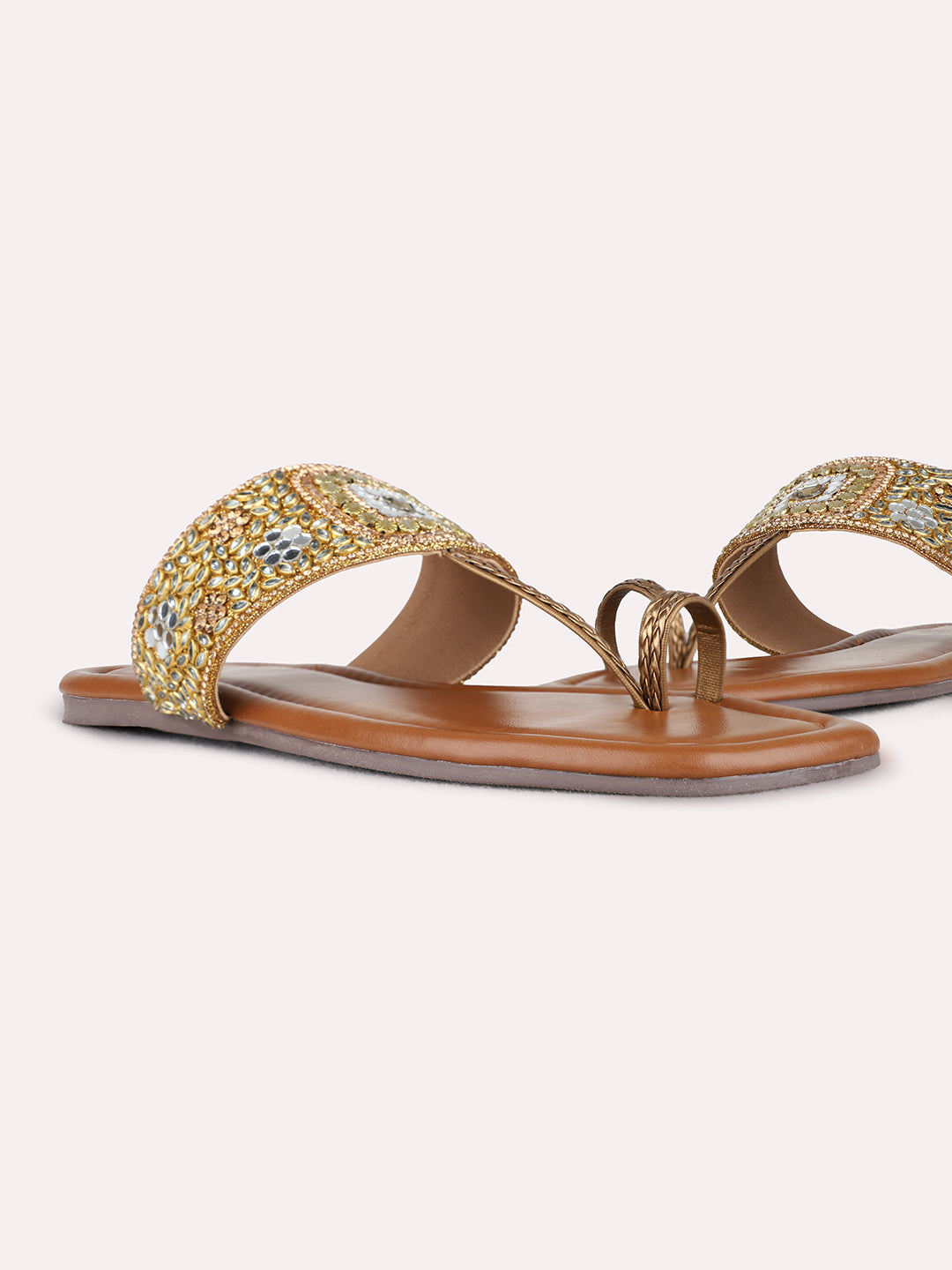 Womens Golden Embellished Ethnic One Toe Flat Slip-Ons