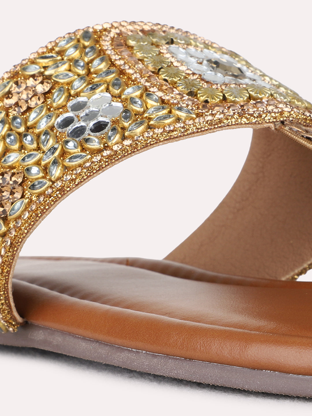 Womens Golden Embellished Ethnic One Toe Flat Slip-Ons