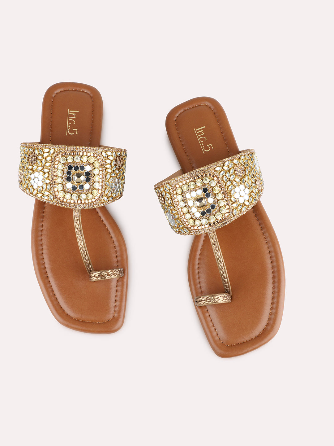 Womens Golden Embellished Ethnic One Toe Flat Slip-Ons