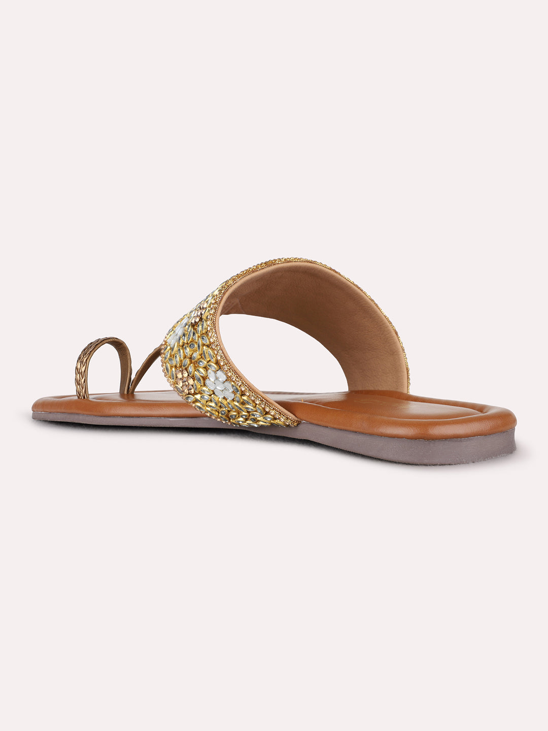 Womens Golden Embellished Ethnic One Toe Flat Slip-Ons