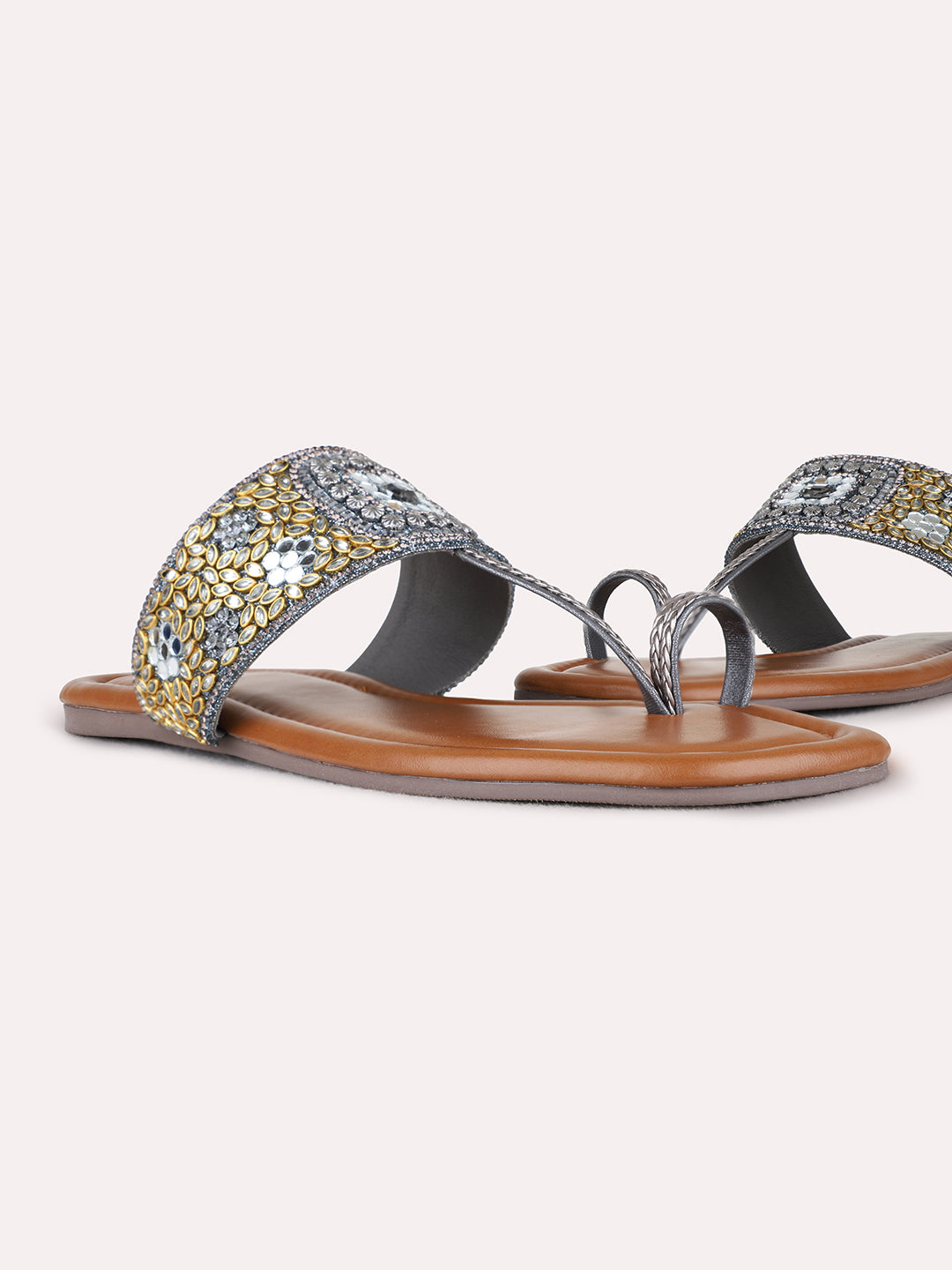 Womens Pewter Ethnic Embellished One Toe Flat Slip-Ons
