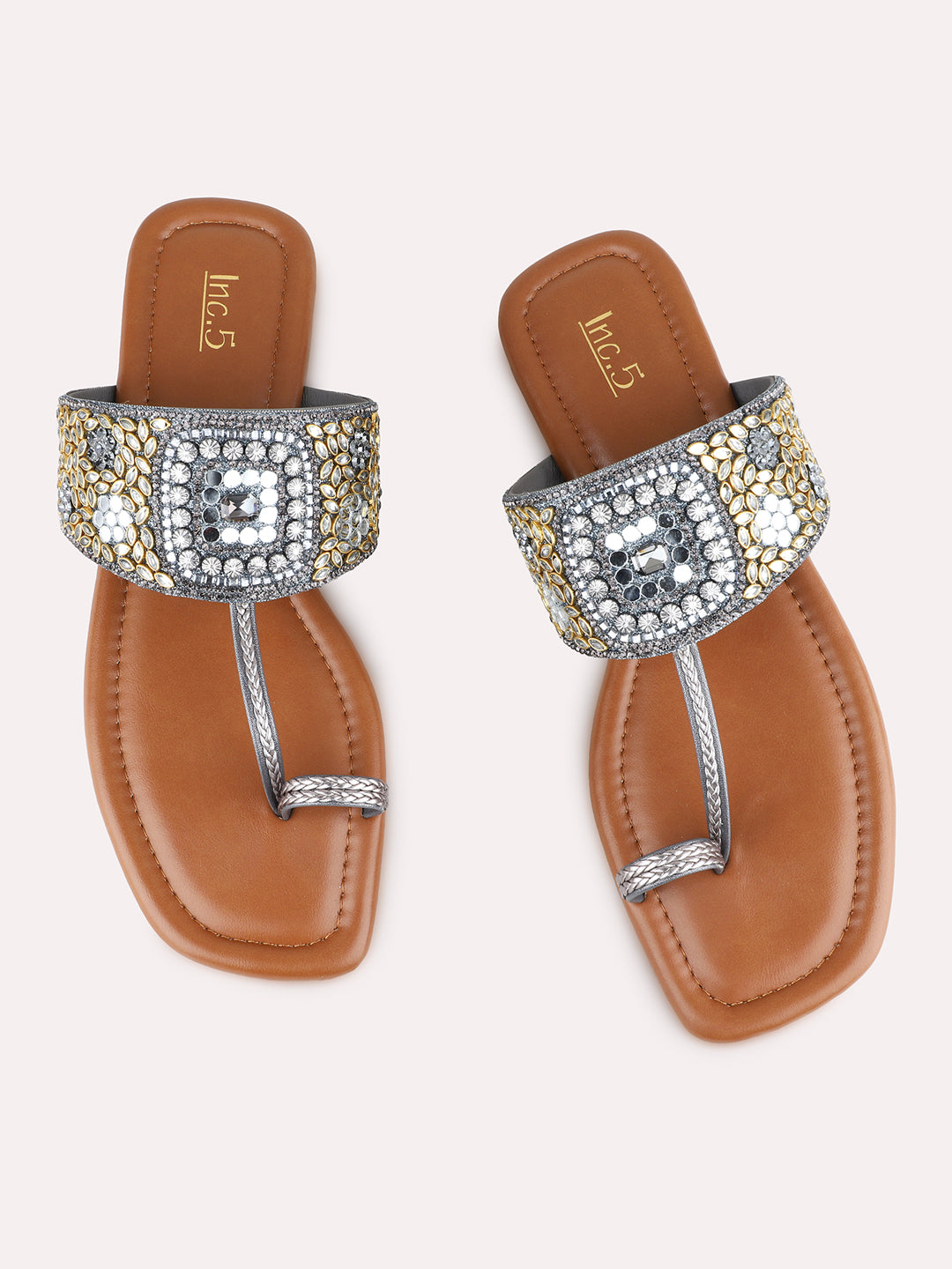 Womens Pewter Ethnic Embellished One Toe Flat Slip-Ons