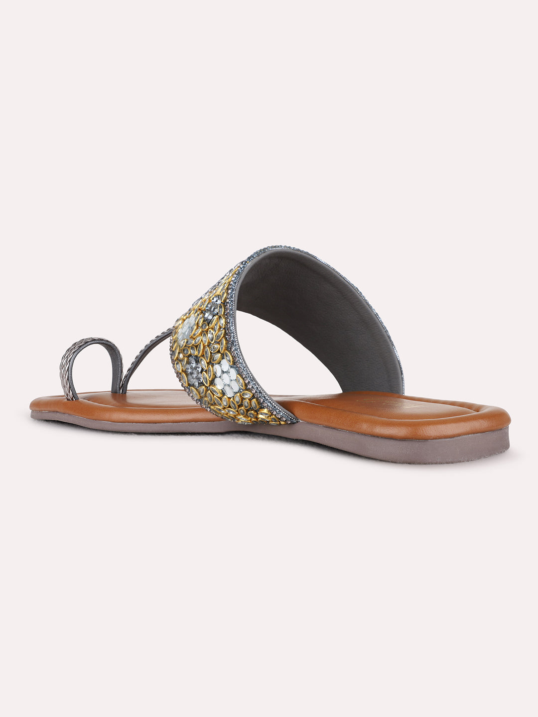 Womens Pewter Ethnic Embellished One Toe Flat Slip-Ons
