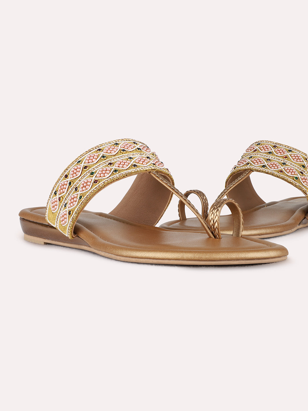 Womens Golden Ethnic Embellished One Toe Shape Flat Slip-Ons