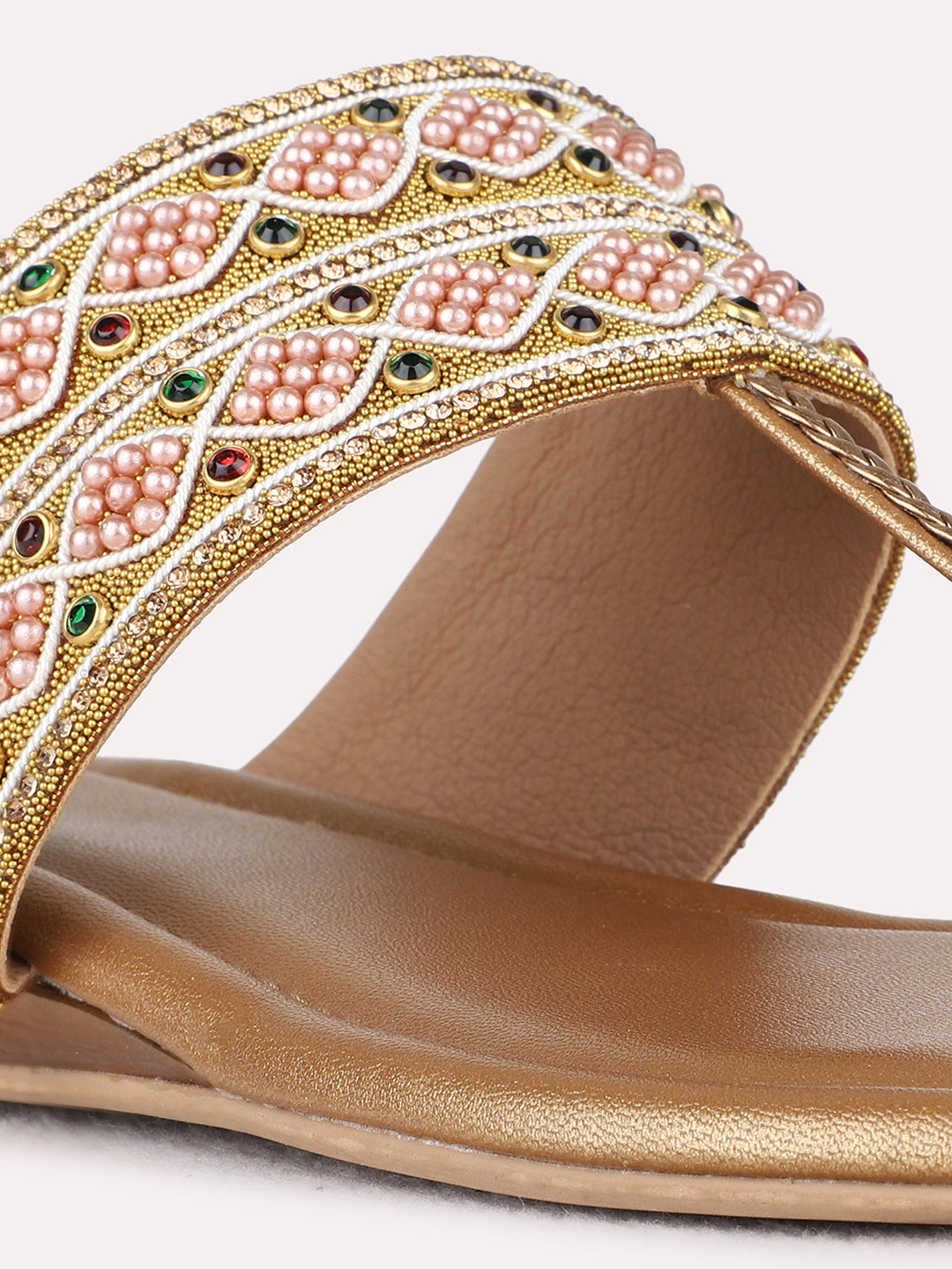 Womens Golden Ethnic Embellished One Toe Shape Flat Slip-Ons