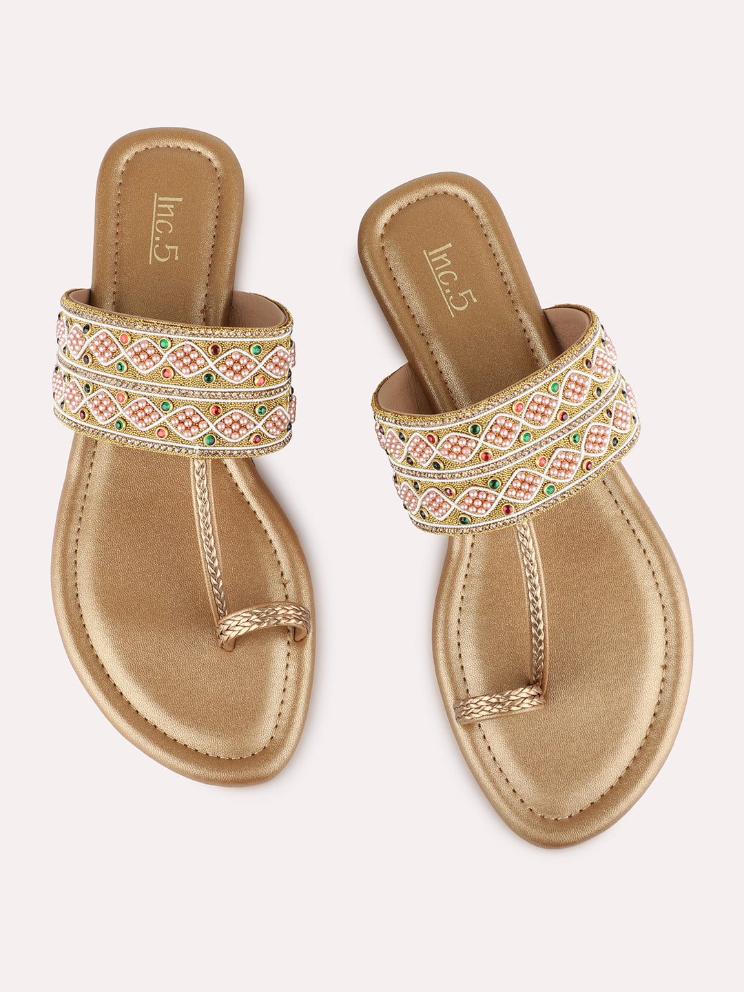 Womens Golden Ethnic Embellished One Toe Shape Flat Slip-Ons
