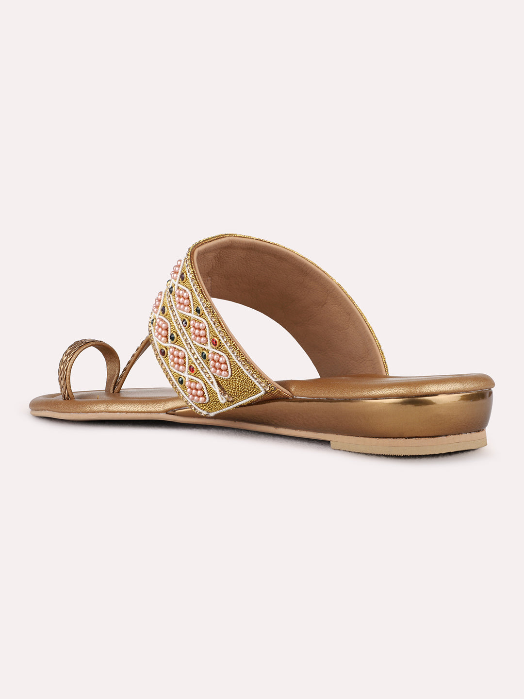 Womens Golden Ethnic Embellished One Toe Shape Flat Slip-Ons