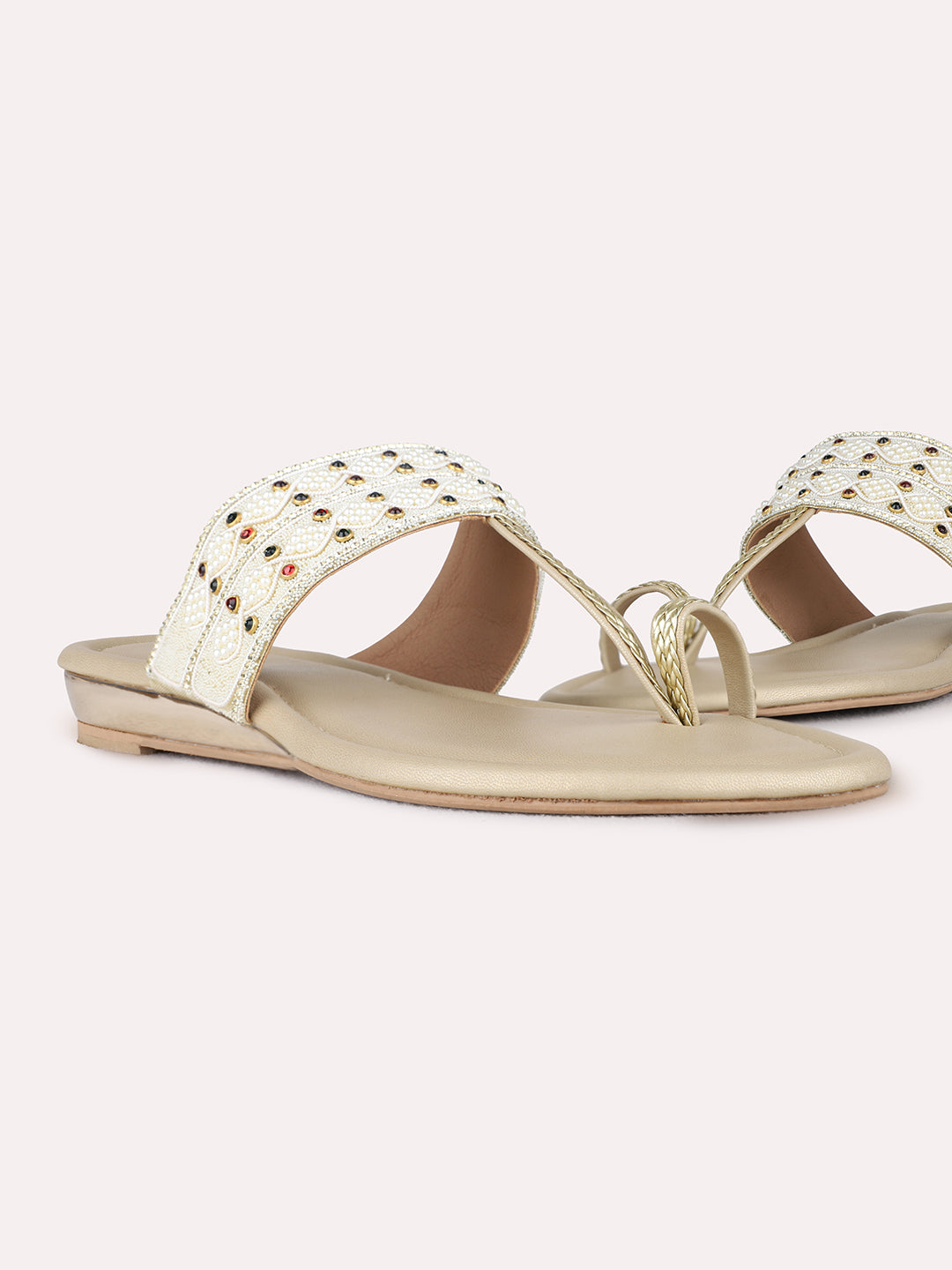 Womens Golden Ethnic Embellished One Toe Flat Slip-Ons