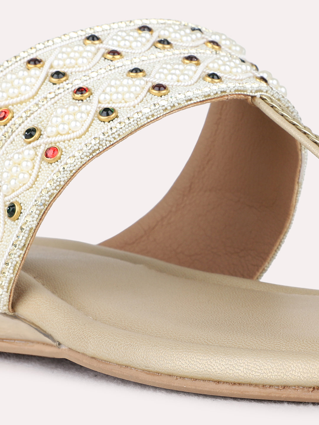 Womens Golden Ethnic Embellished One Toe Flat Slip-Ons
