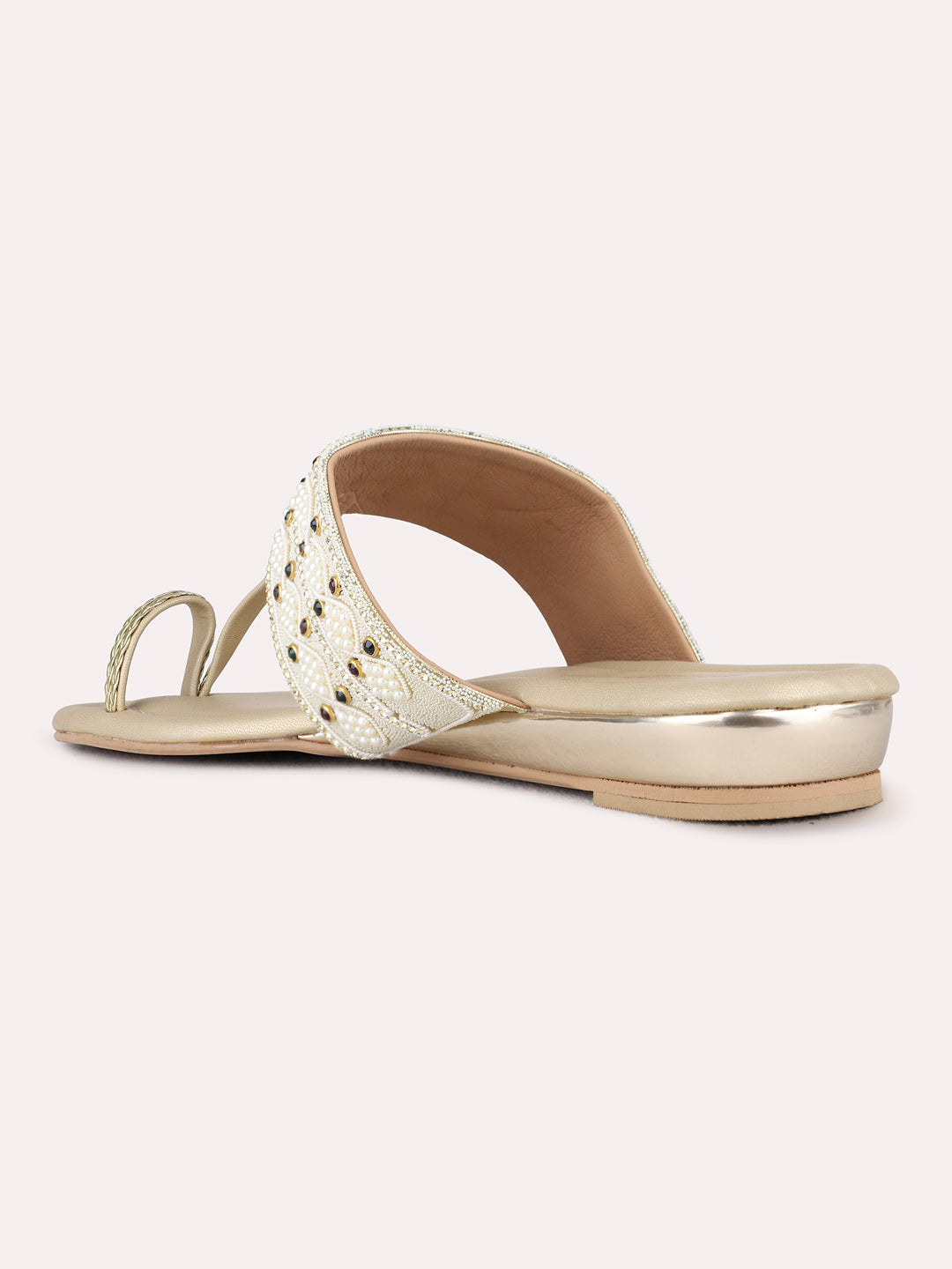 Womens Golden Ethnic Embellished One Toe Flat Slip-Ons
