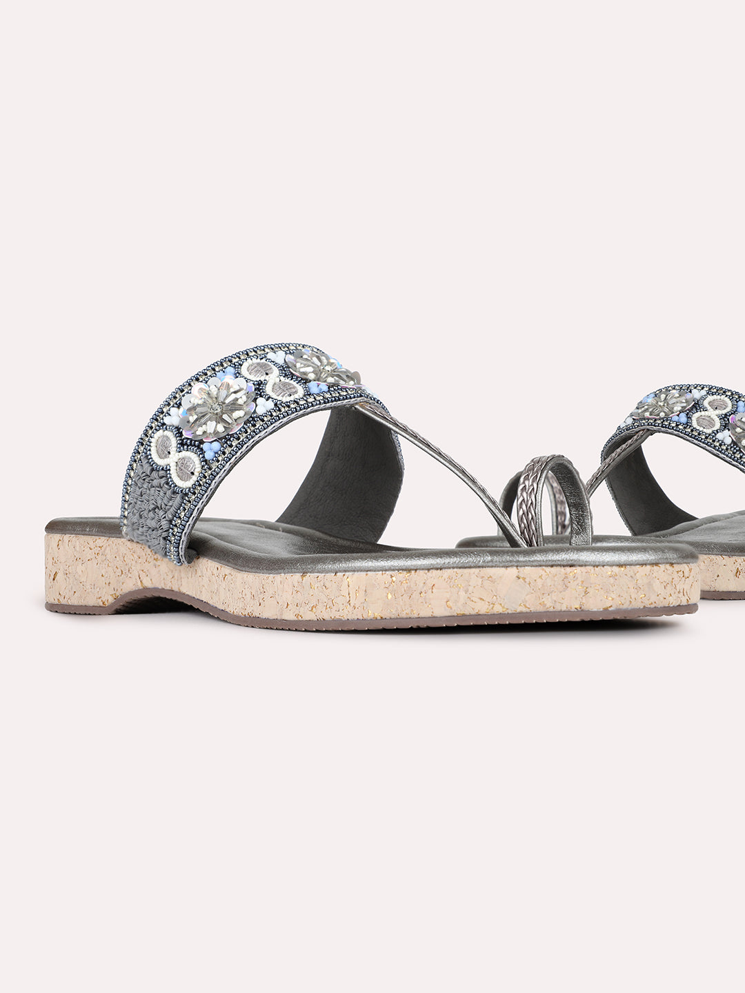 Womens Pewter Ethnic Embellished Round Toe Flatform Heel Flatforms