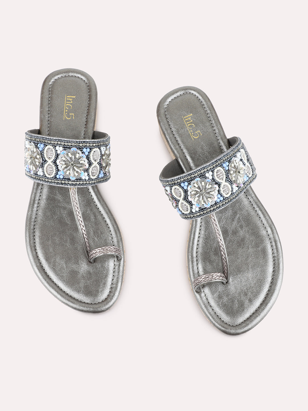 Womens Pewter Ethnic Embellished Round Toe Flatform Heel Flatforms