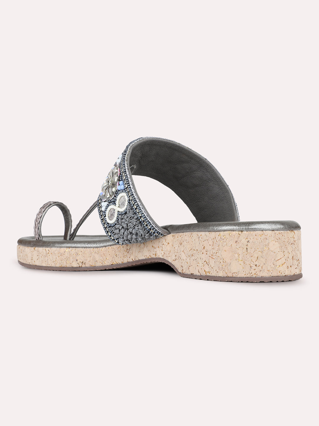 Womens Pewter Ethnic Embellished Round Toe Flatform Heel Flatforms