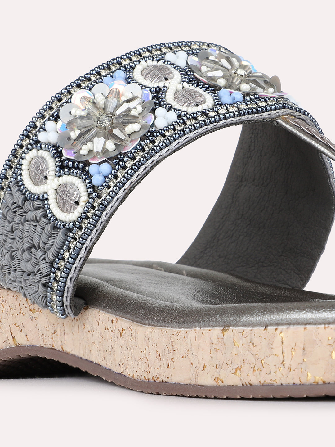 Womens Pewter Ethnic Embellished Round Toe Flatform Heel Flatforms